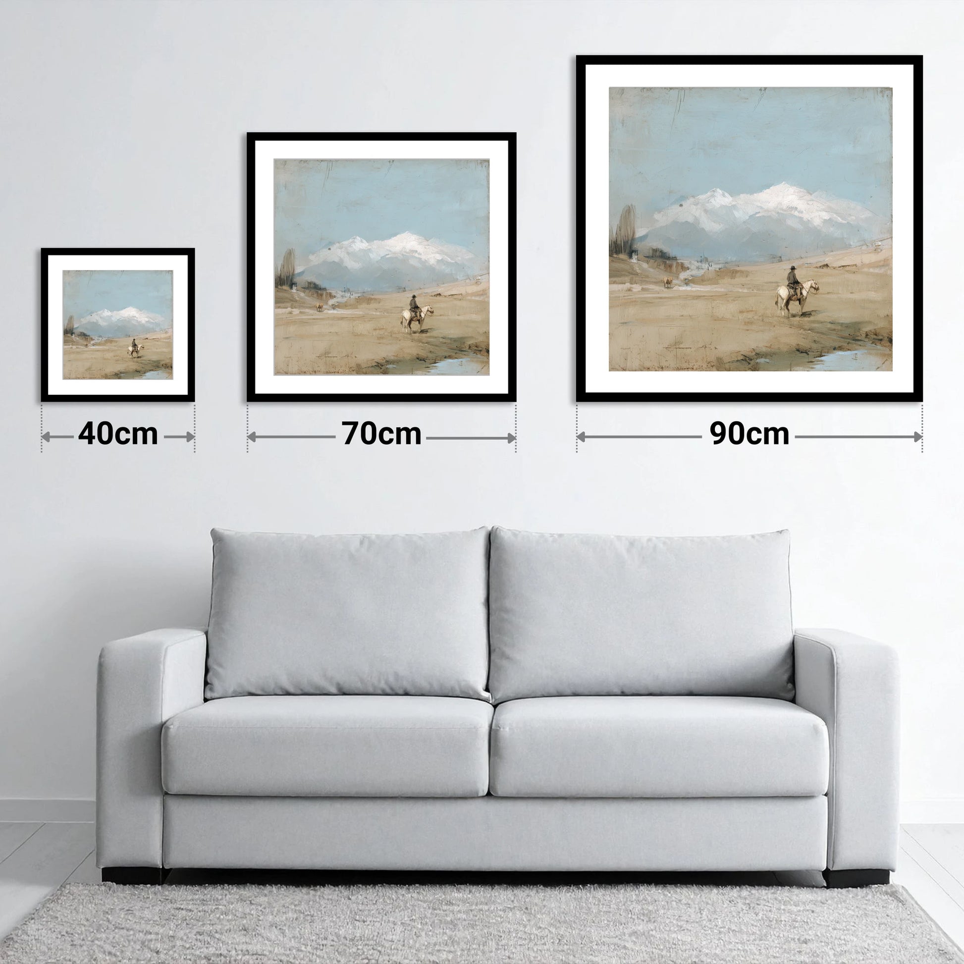 The Distant Range - size guide showing 40cm, 70cm and 90cm art prints