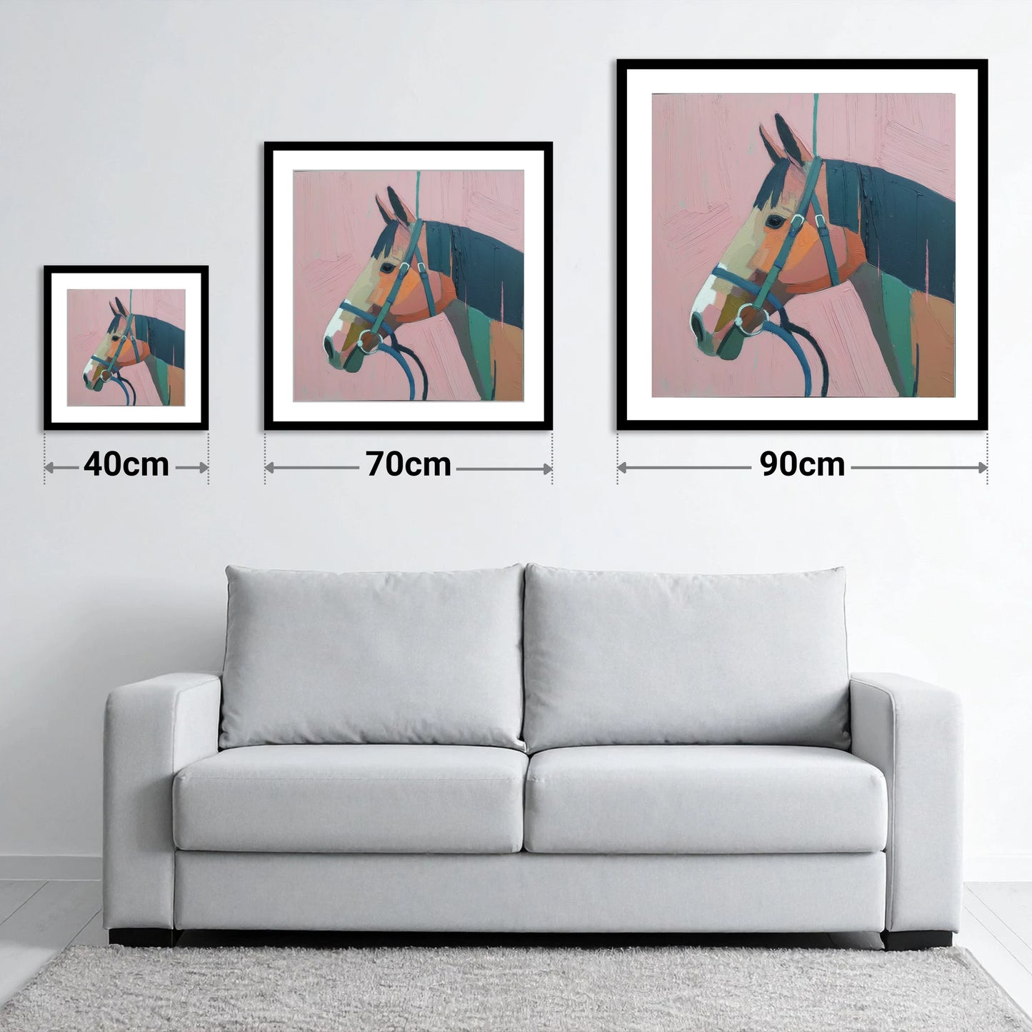 Abstract Rose Profile - size guide showing 40cm, 70cm and 90cm art prints