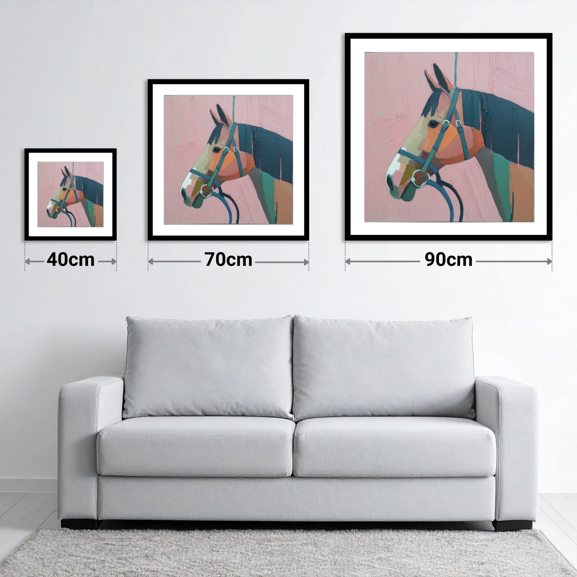 Abstract Rose Profile - size guide showing 40cm, 70cm and 90cm art prints