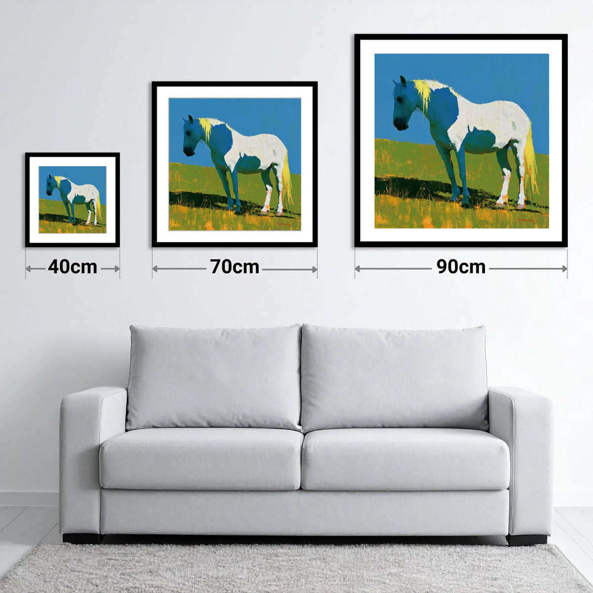 White Horse With Indigo Shadows - size guide showing 40cm, 70cm and 90cm art prints