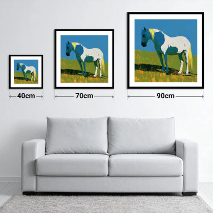White Horse With Indigo Shadows - size guide showing 40cm, 70cm and 90cm art prints