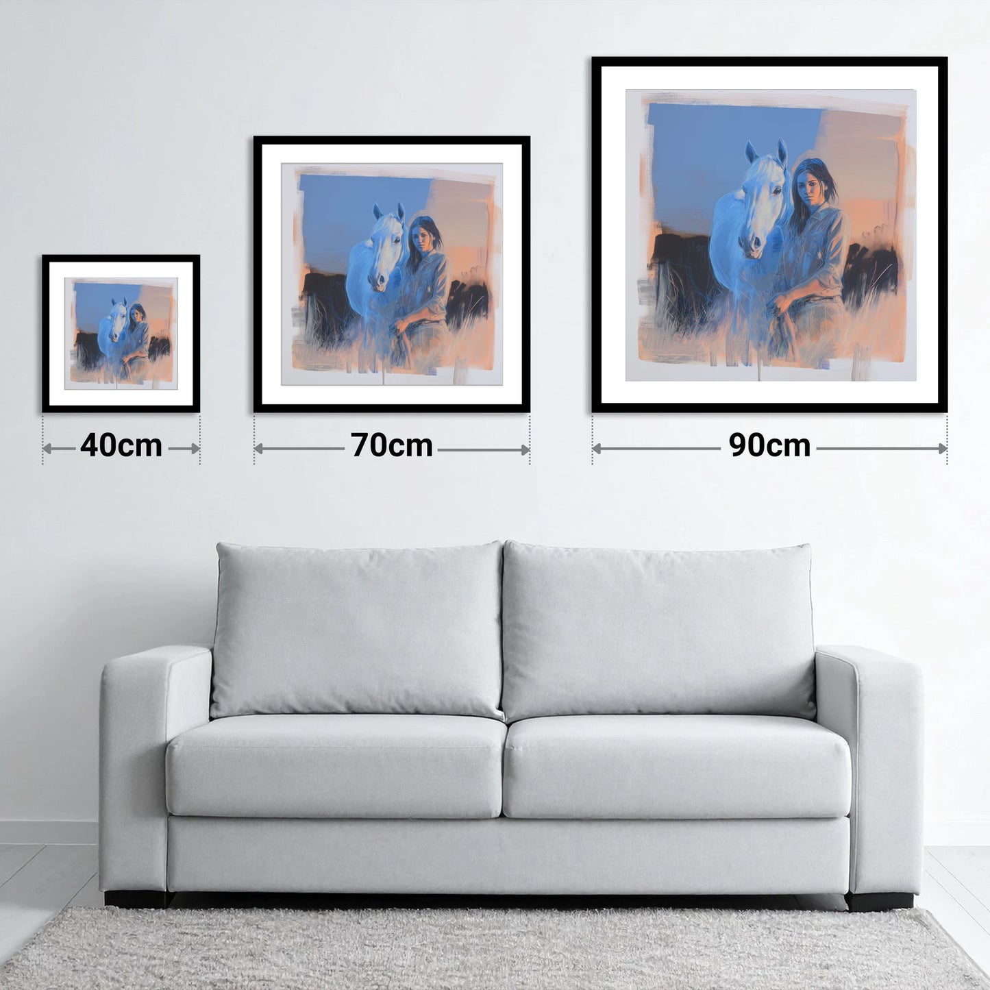 The Silent Connection - size guide showing 40cm, 70cm and 90cm art prints