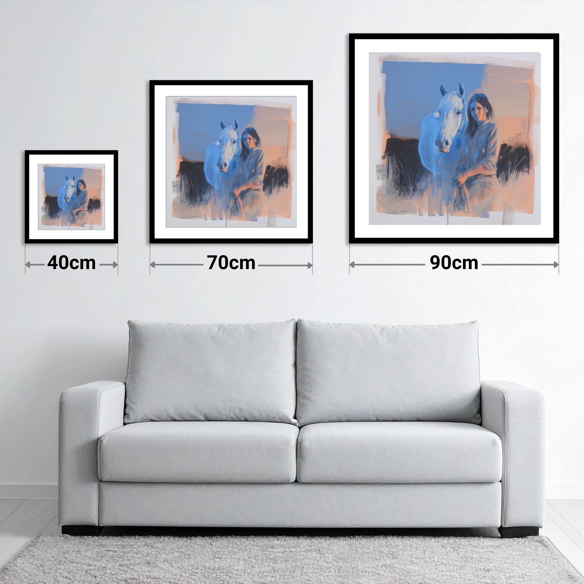 The Silent Connection - size guide showing 40cm, 70cm and 90cm art prints