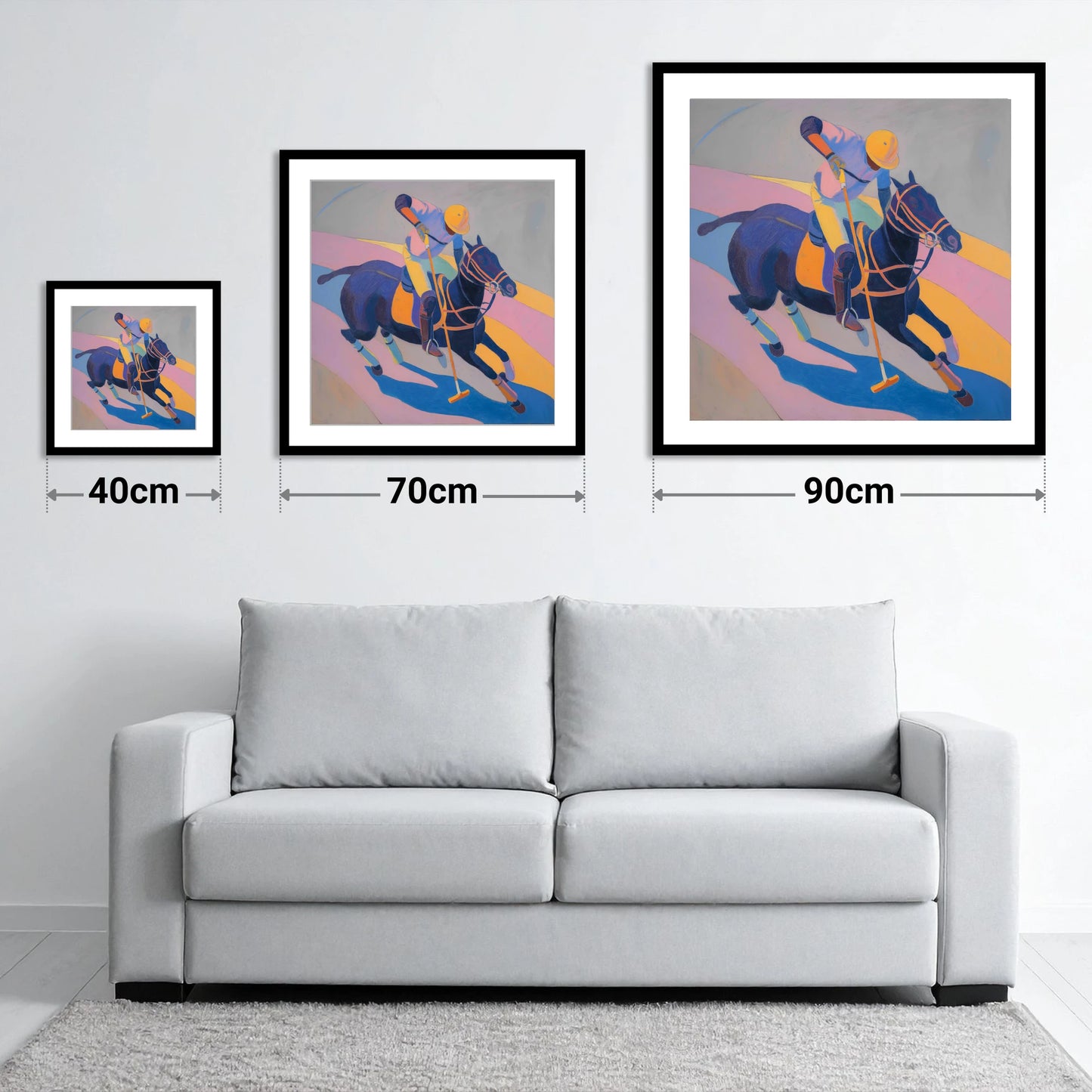 Vibrant Polo Charge - size guide showing 40cm, 70cm and 90cm art prints