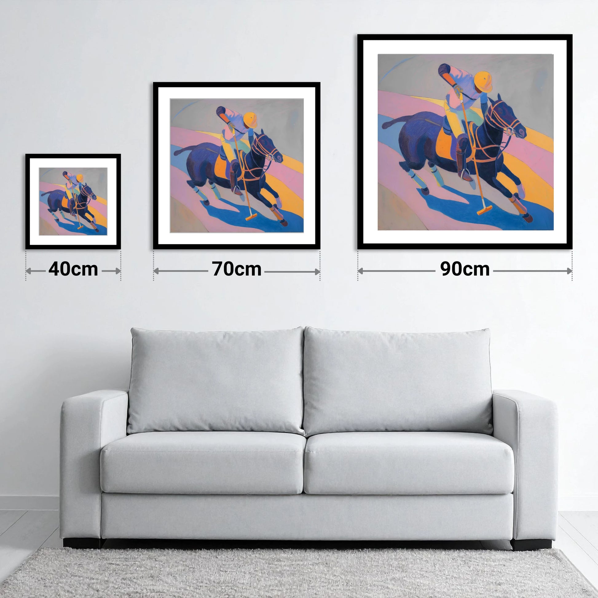 Vibrant Polo Charge - size guide showing 40cm, 70cm and 90cm art prints