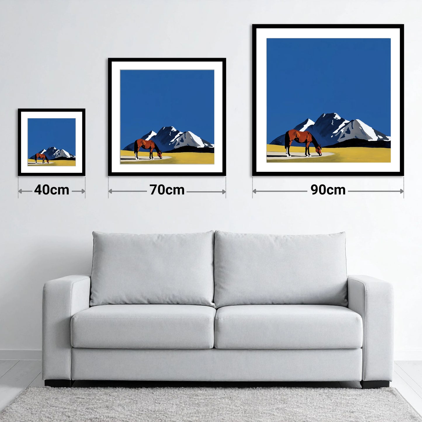 Majestic Mountain Grazing - size guide showing 40cm, 70cm and 90cm art prints