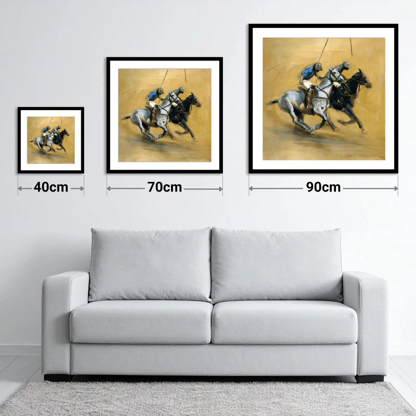 The Ride Off - size guide showing 40cm, 70cm and 90cm art prints