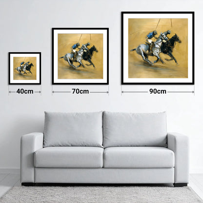 The Ride Off - size guide showing 40cm, 70cm and 90cm art prints
