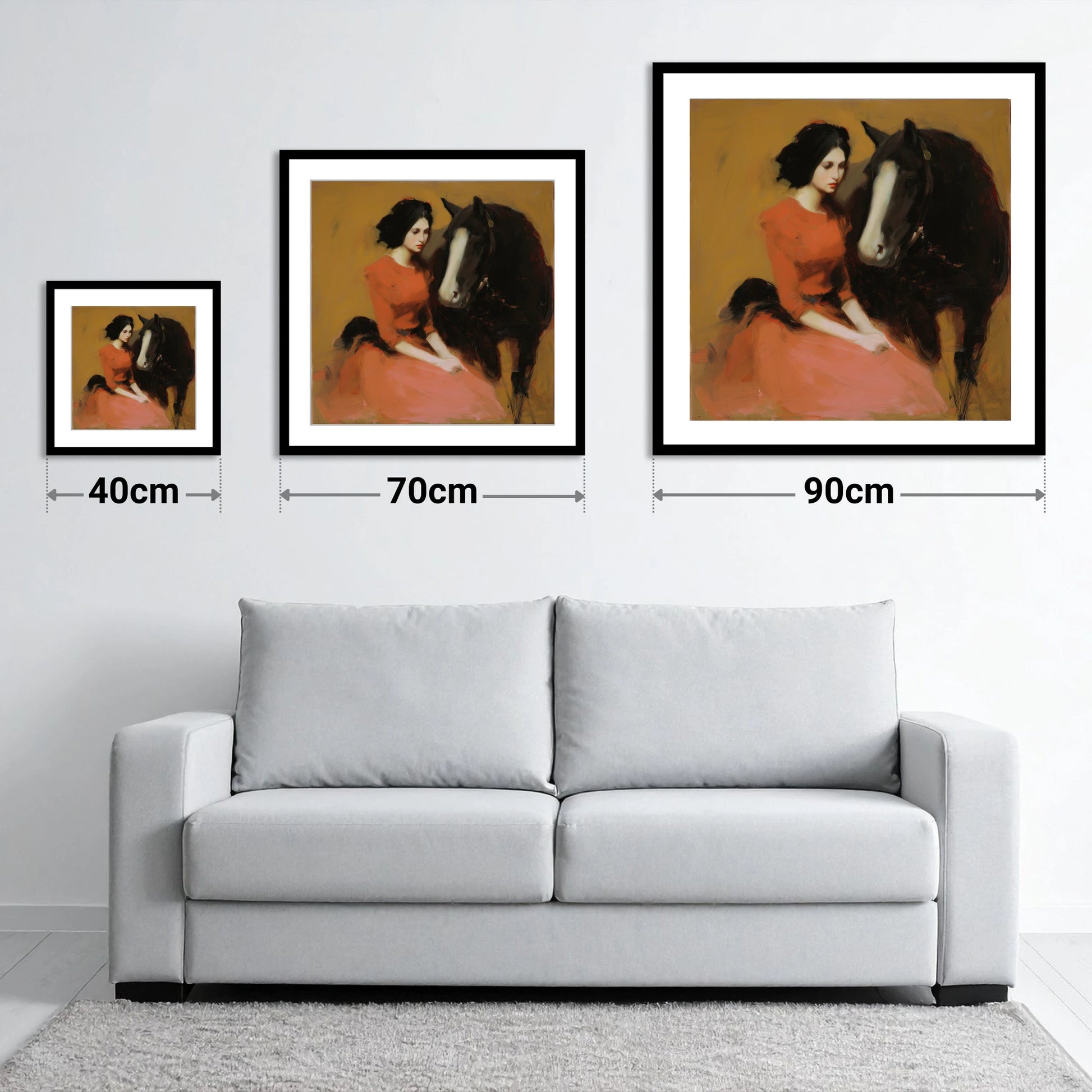 The Silent Bond - size guide showing 40cm, 70cm and 90cm art prints