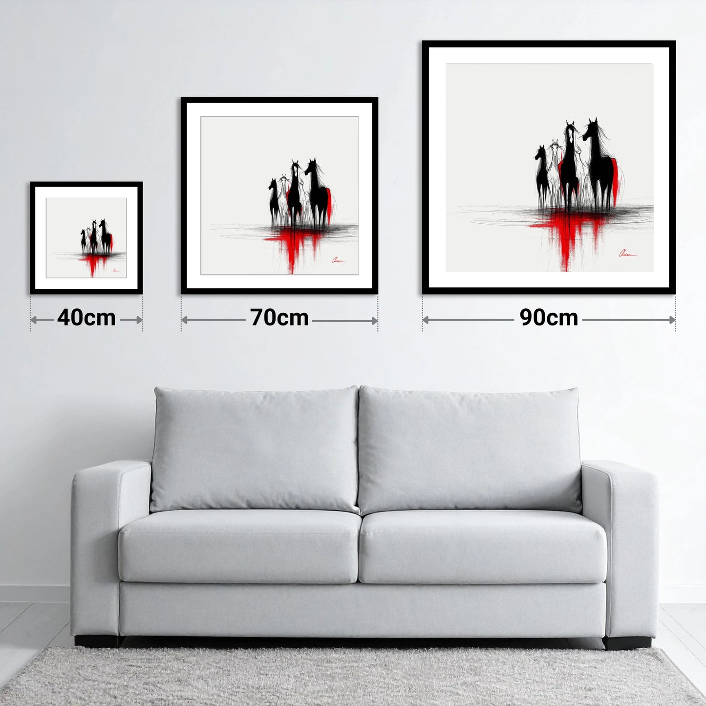 Shadows in Scarlet - size guide showing 40cm, 70cm and 90cm art prints
