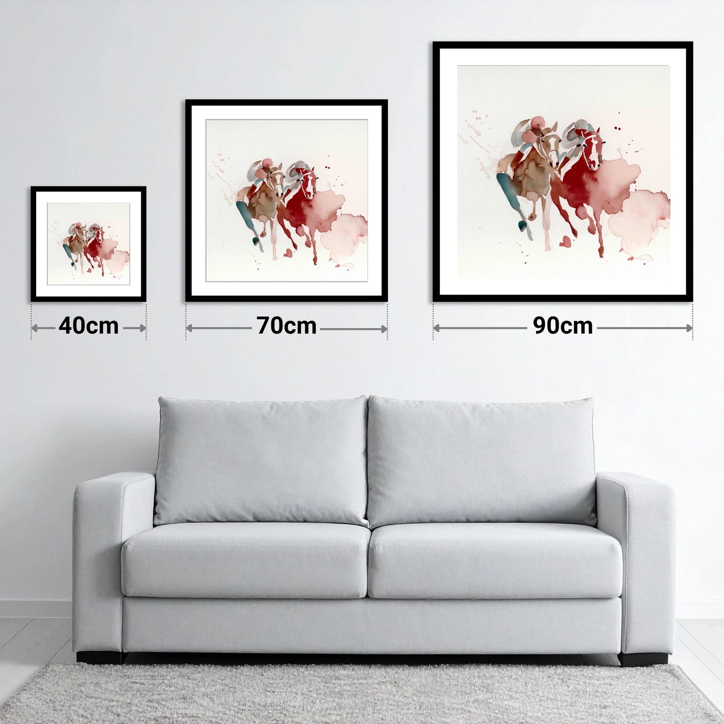 The Final Furlong - size guide showing 40cm, 70cm and 90cm art prints