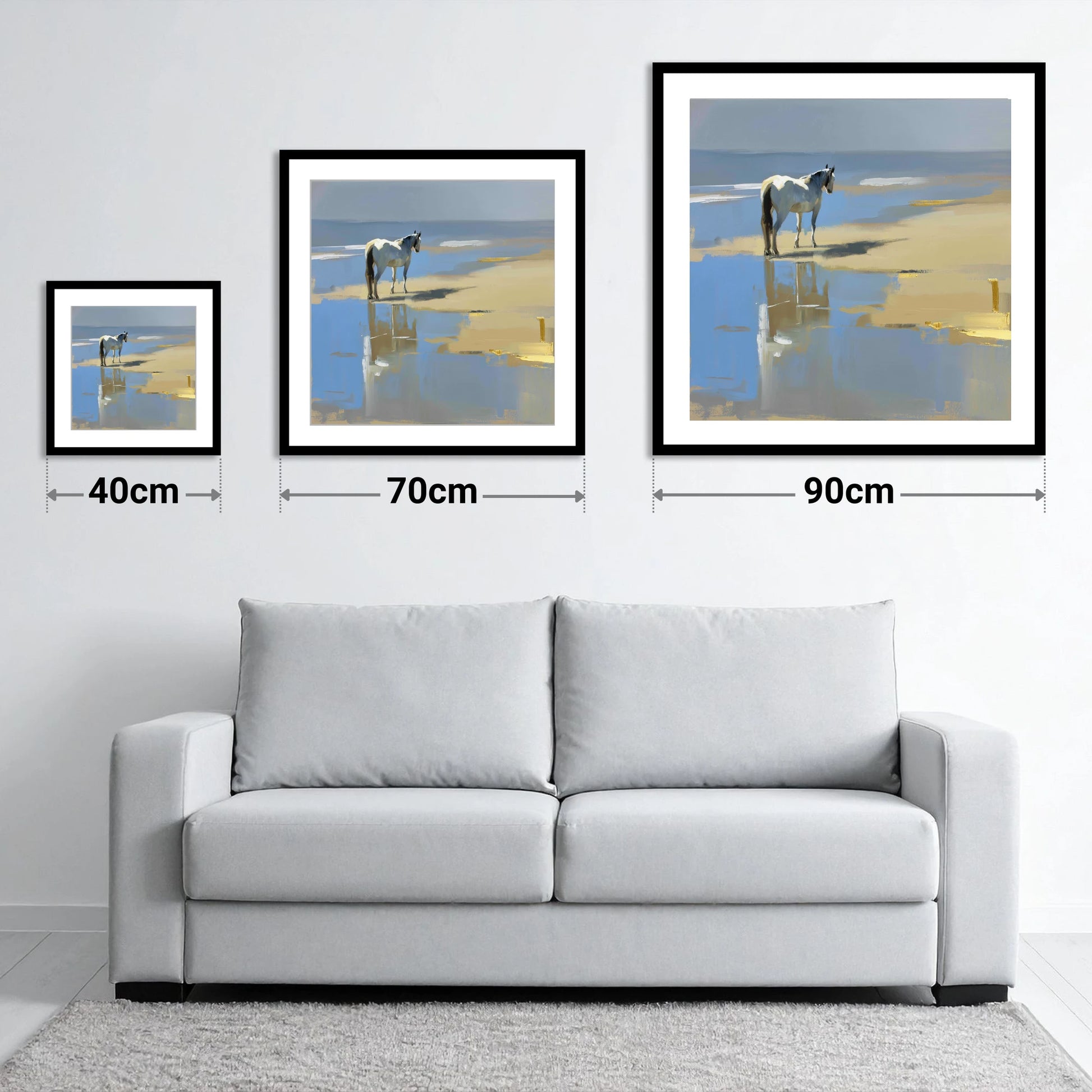 Shoreline Solitude - size guide showing 40cm, 70cm and 90cm art prints
