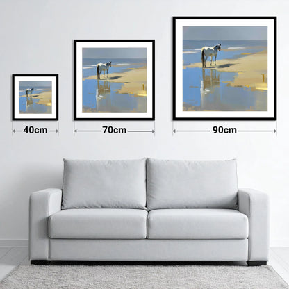 Shoreline Solitude - size guide showing 40cm, 70cm and 90cm art prints