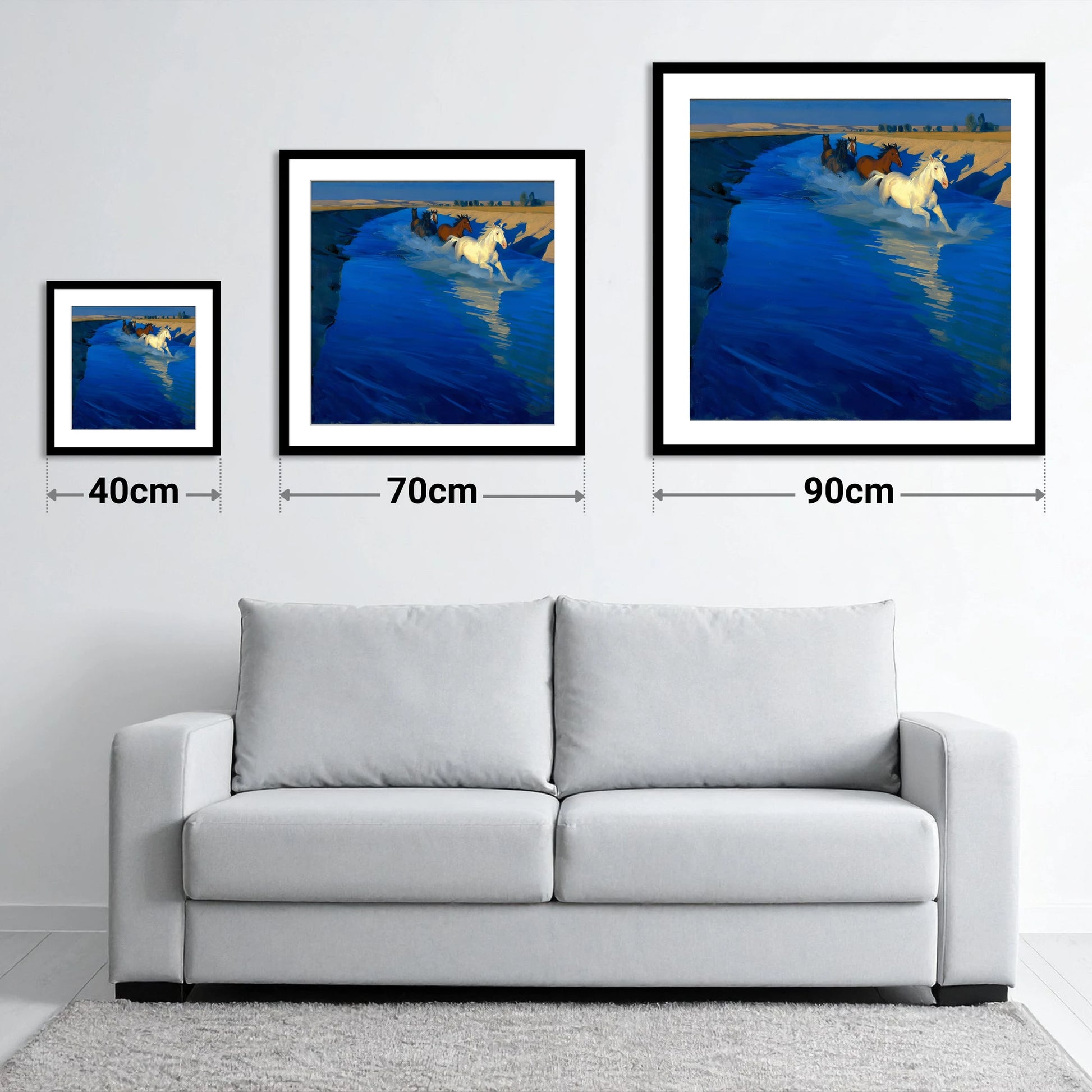 Azure Water Crossing - size guide showing 40cm, 70cm and 90cm art prints