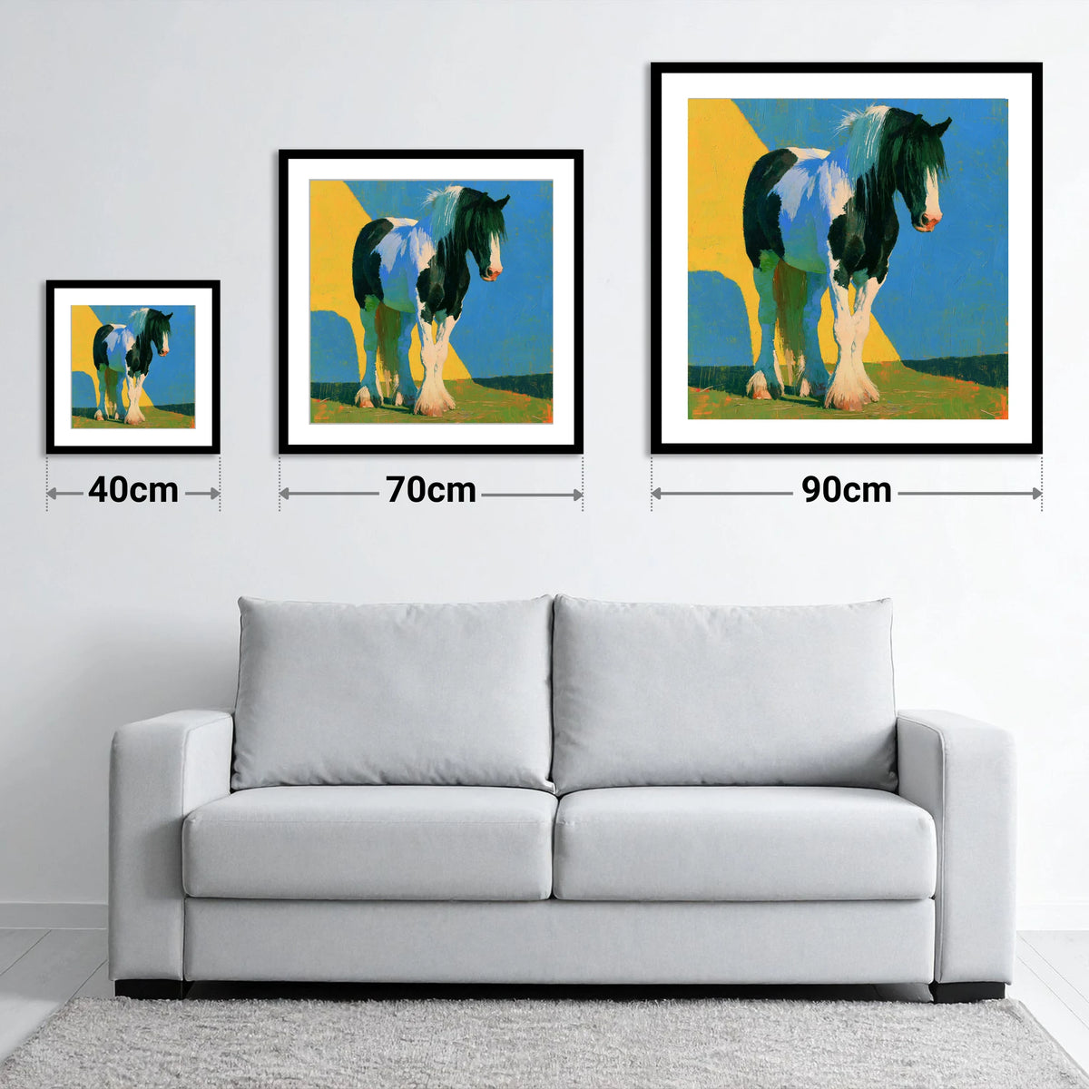 Piebald Cob in Bright Colours - size guide showing 40cm, 70cm and 90cm art prints