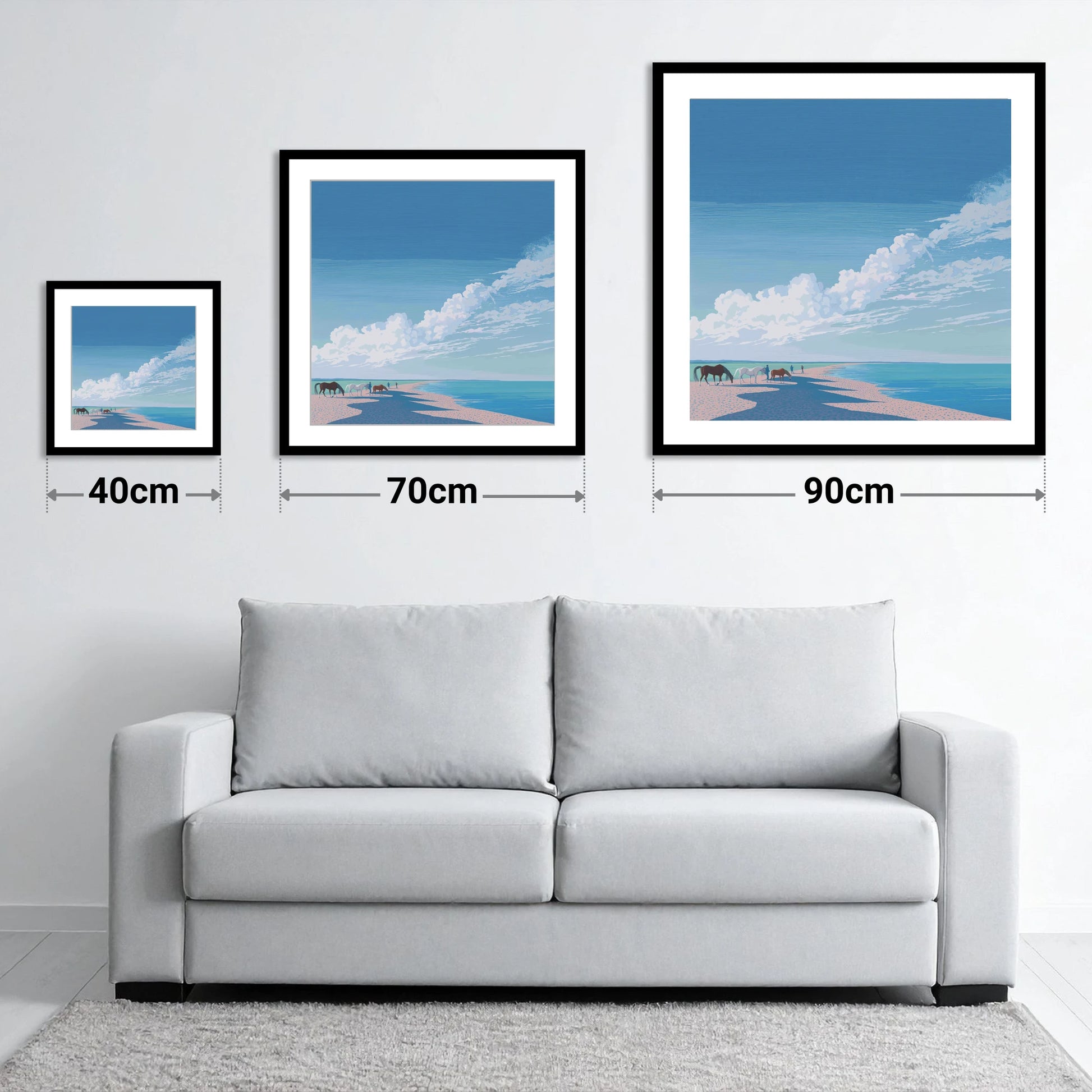 Endless Shoreline Hack - size guide showing 40cm, 70cm and 90cm art prints