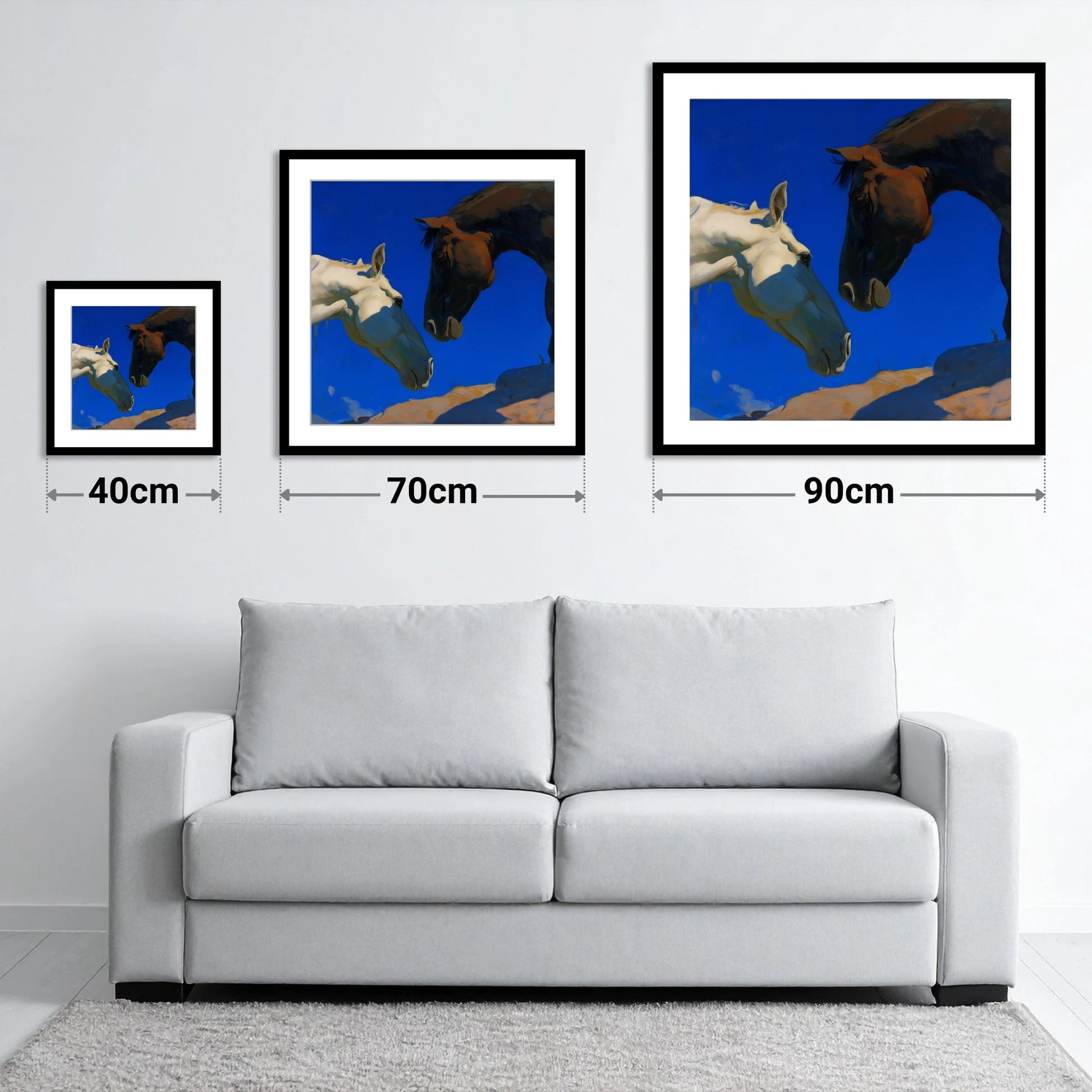 Cobalt Sky Companions - size guide showing 40cm, 70cm and 90cm art prints
