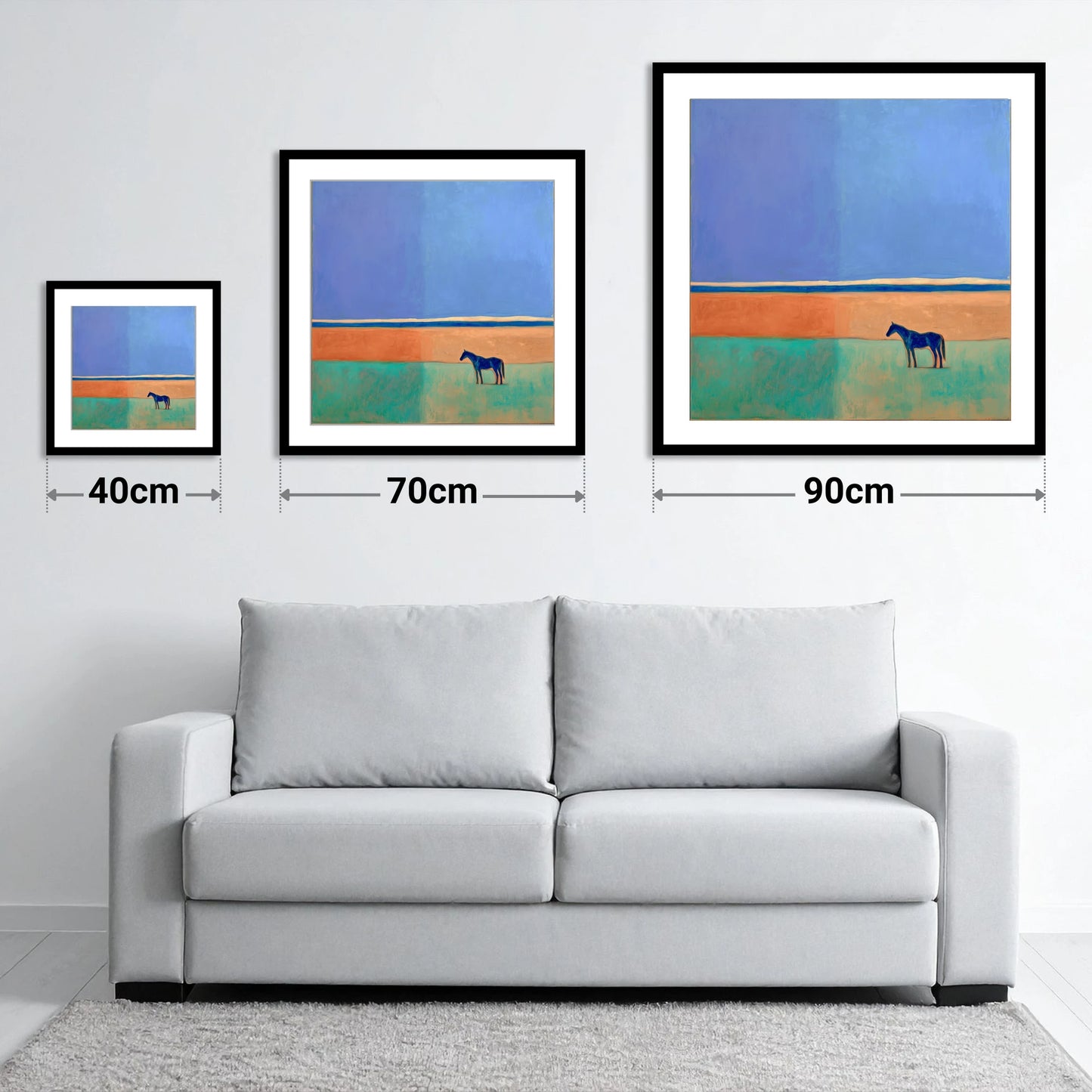 Cobalt Horizon - size guide showing 40cm, 70cm and 90cm art prints