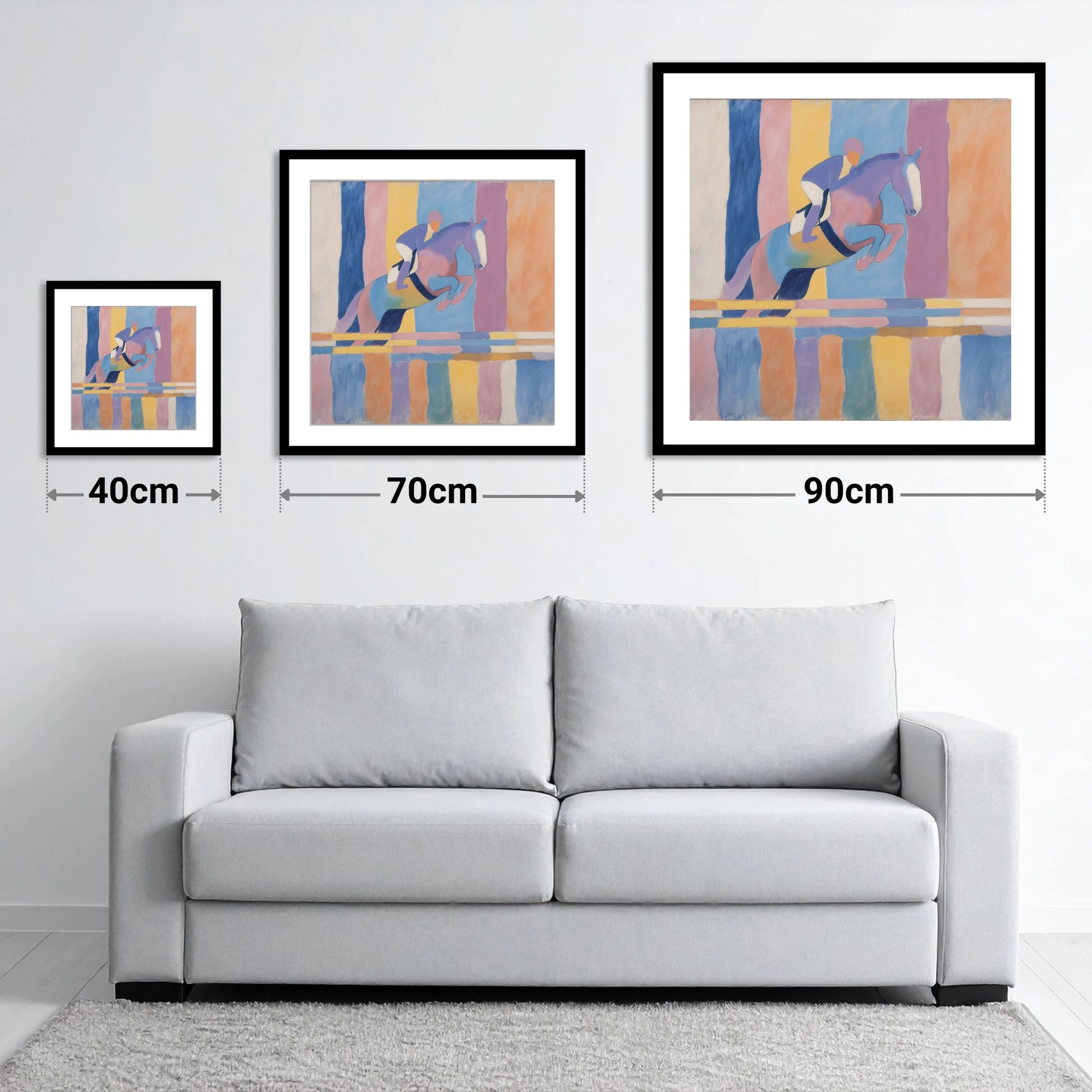 Pastel Flight - size guide showing 40cm, 70cm and 90cm art prints
