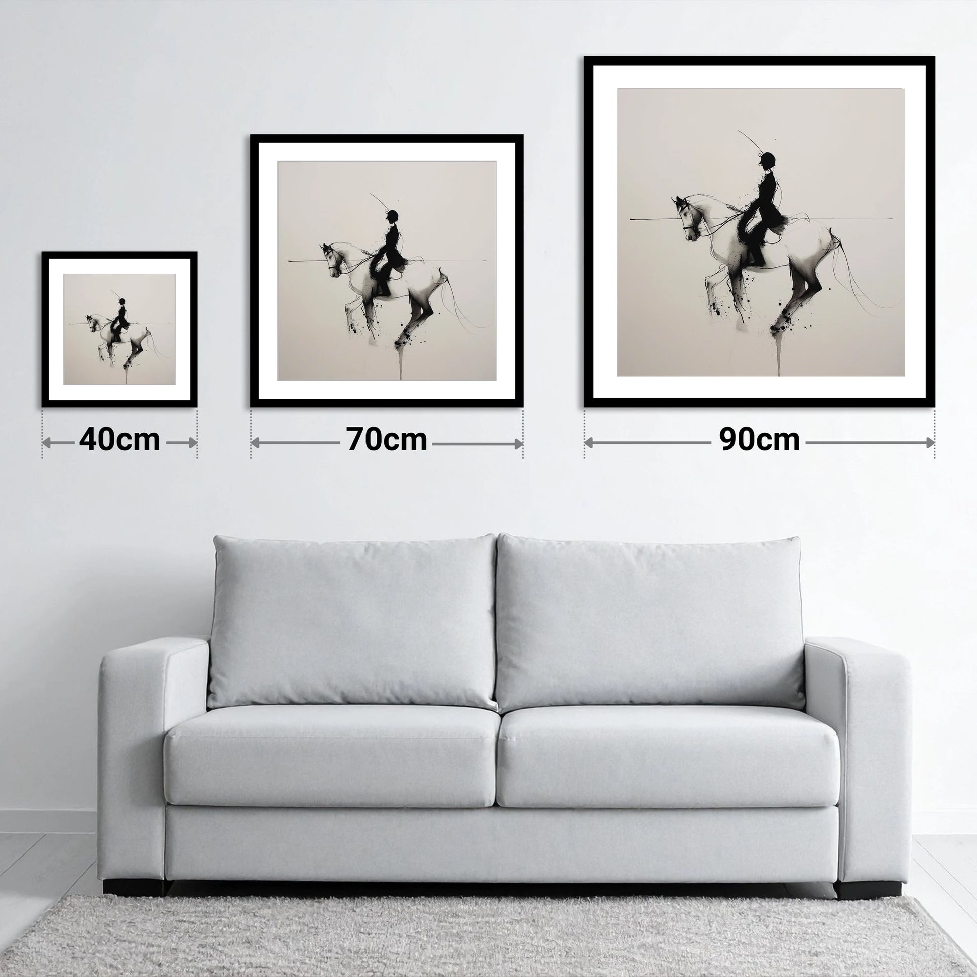 Ethereal Dressage Harmony - size guide showing 40cm, 70cm and 90cm art prints