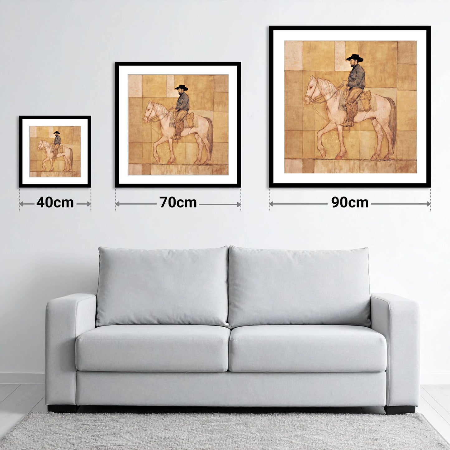 The Golden Trail - size guide showing 40cm, 70cm and 90cm art prints