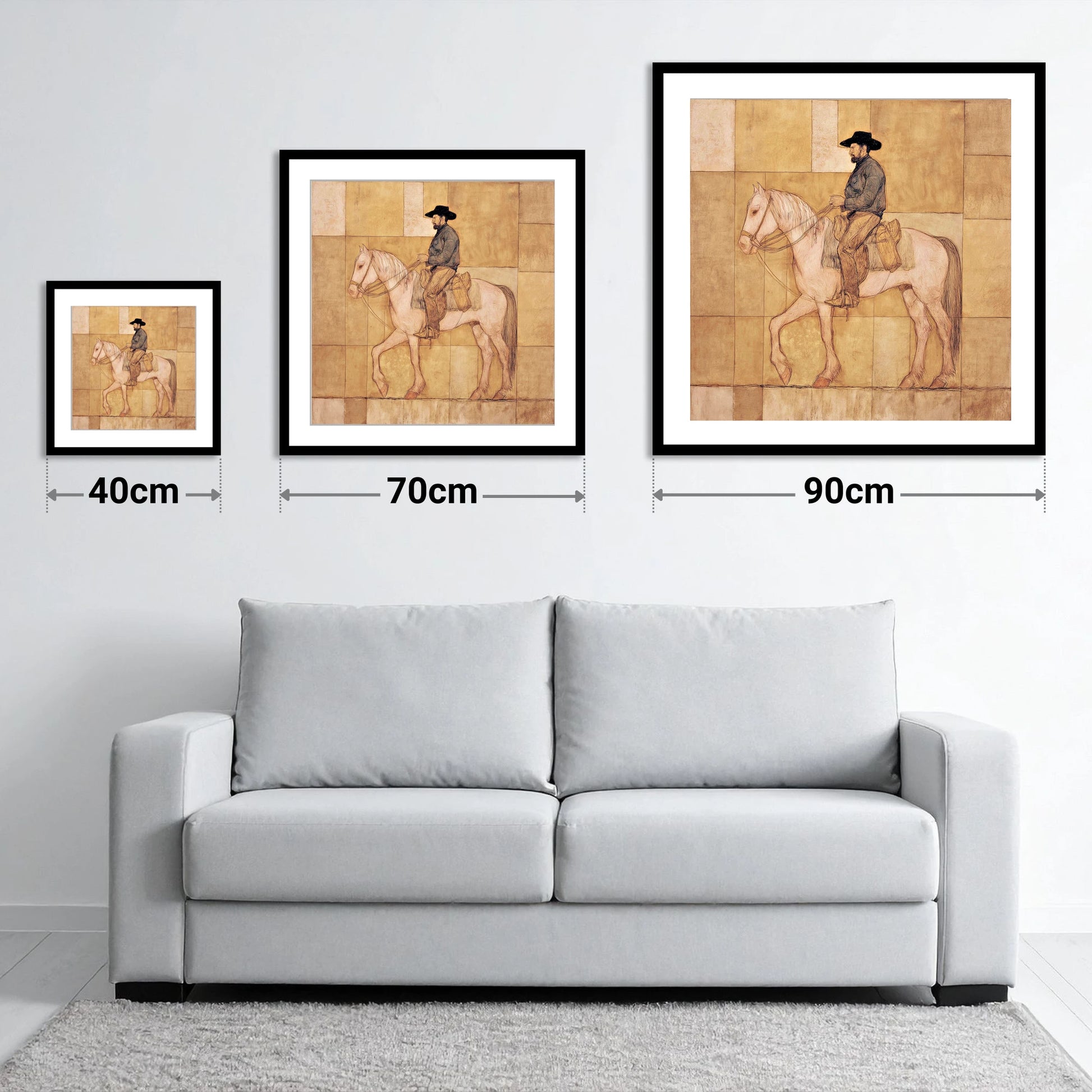 The Golden Trail - size guide showing 40cm, 70cm and 90cm art prints