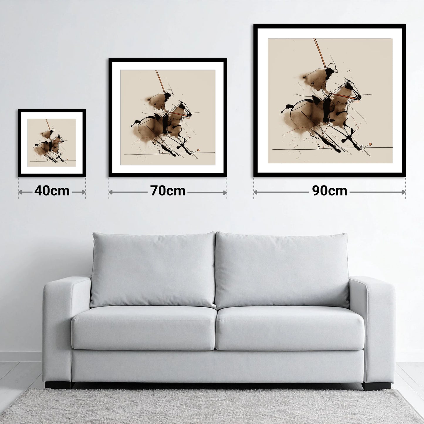 The Polo Drive - size guide showing 40cm, 70cm and 90cm art prints