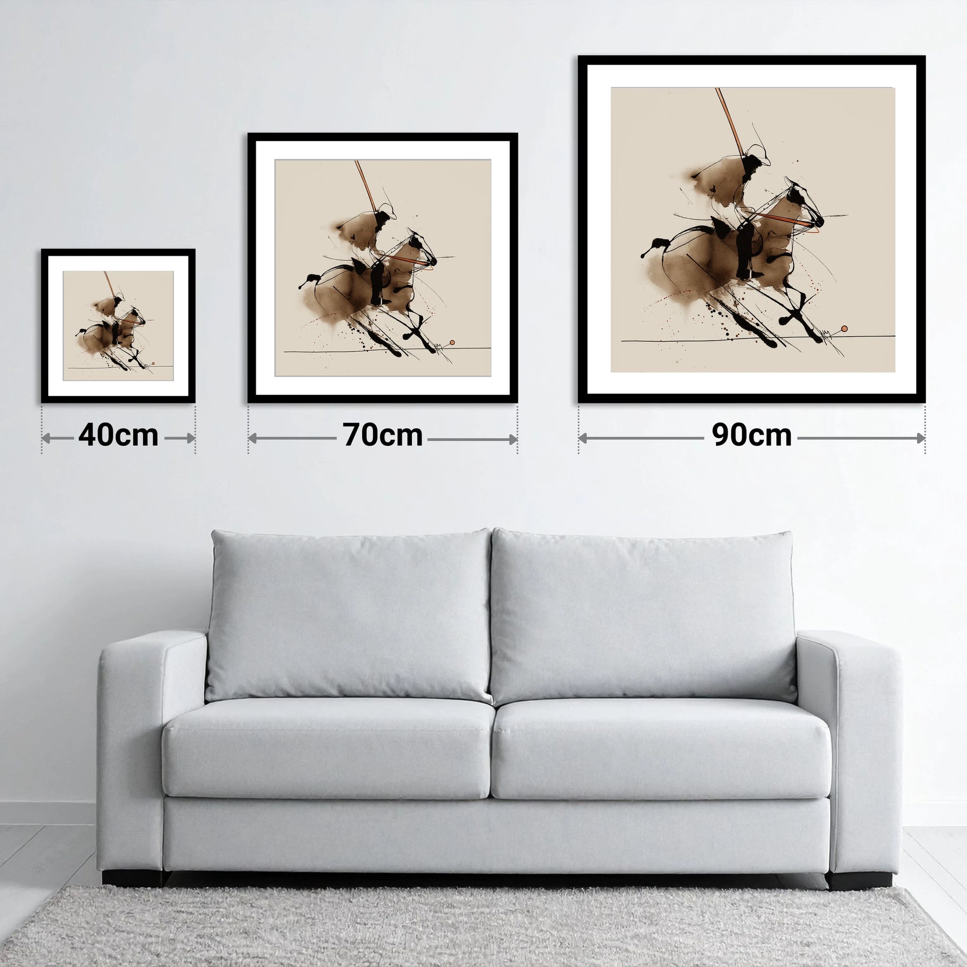 The Polo Drive - size guide showing 40cm, 70cm and 90cm art prints