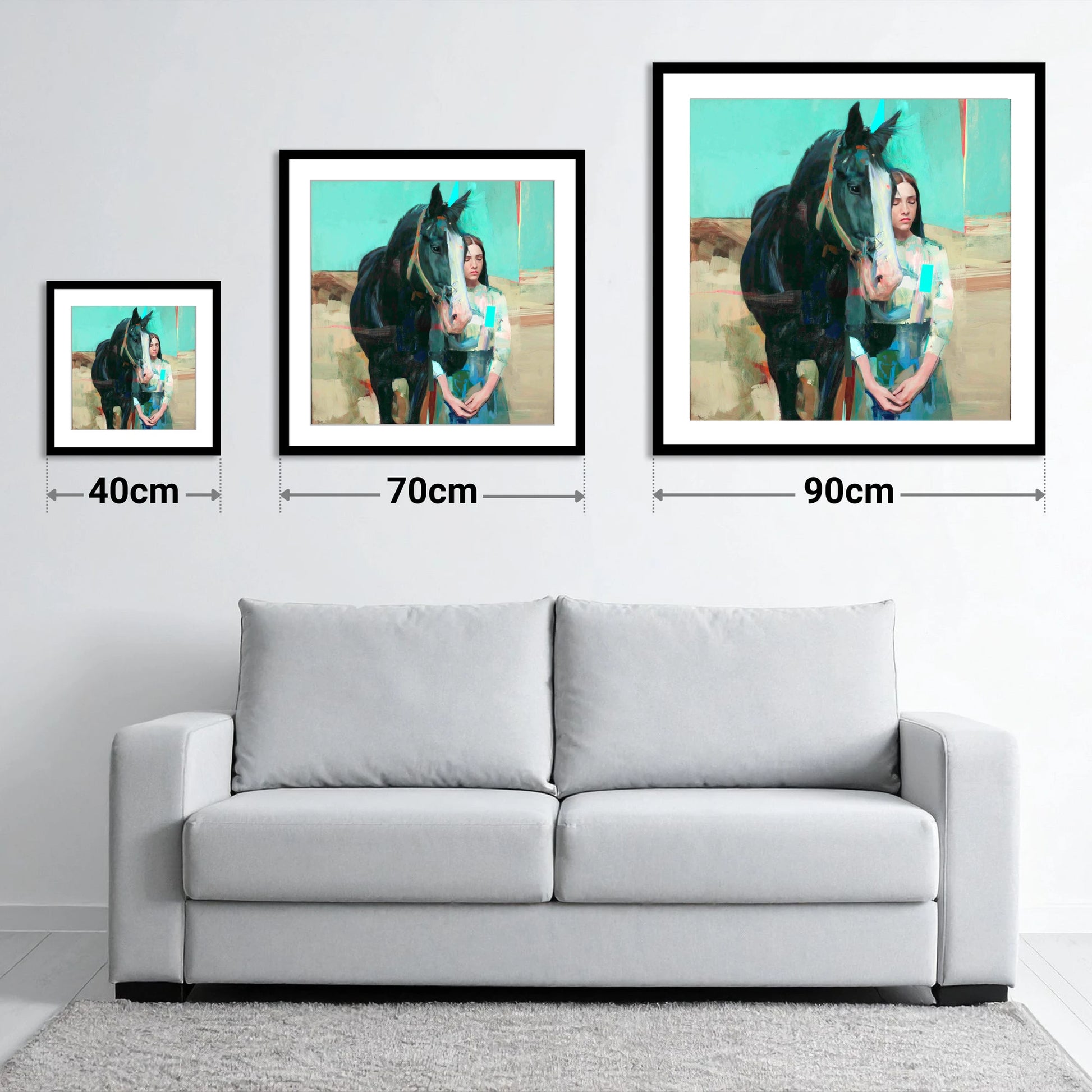 The Quiet Bond - size guide showing 40cm, 70cm and 90cm art prints