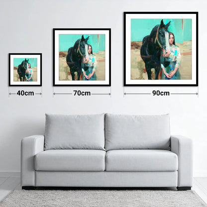 The Quiet Bond - size guide showing 40cm, 70cm and 90cm art prints