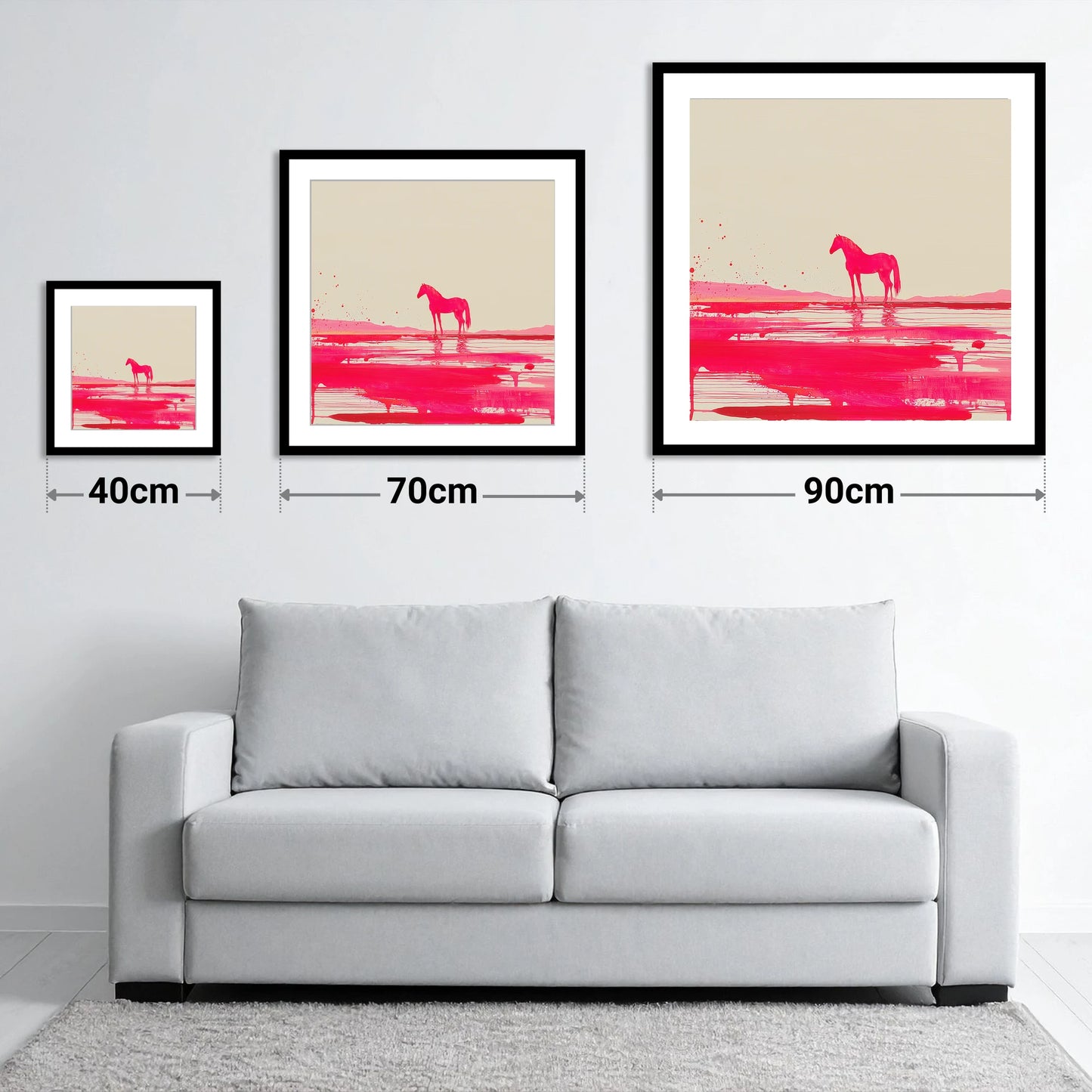Magenta Horizon Reflection - size guide showing 40cm, 70cm and 90cm art prints
