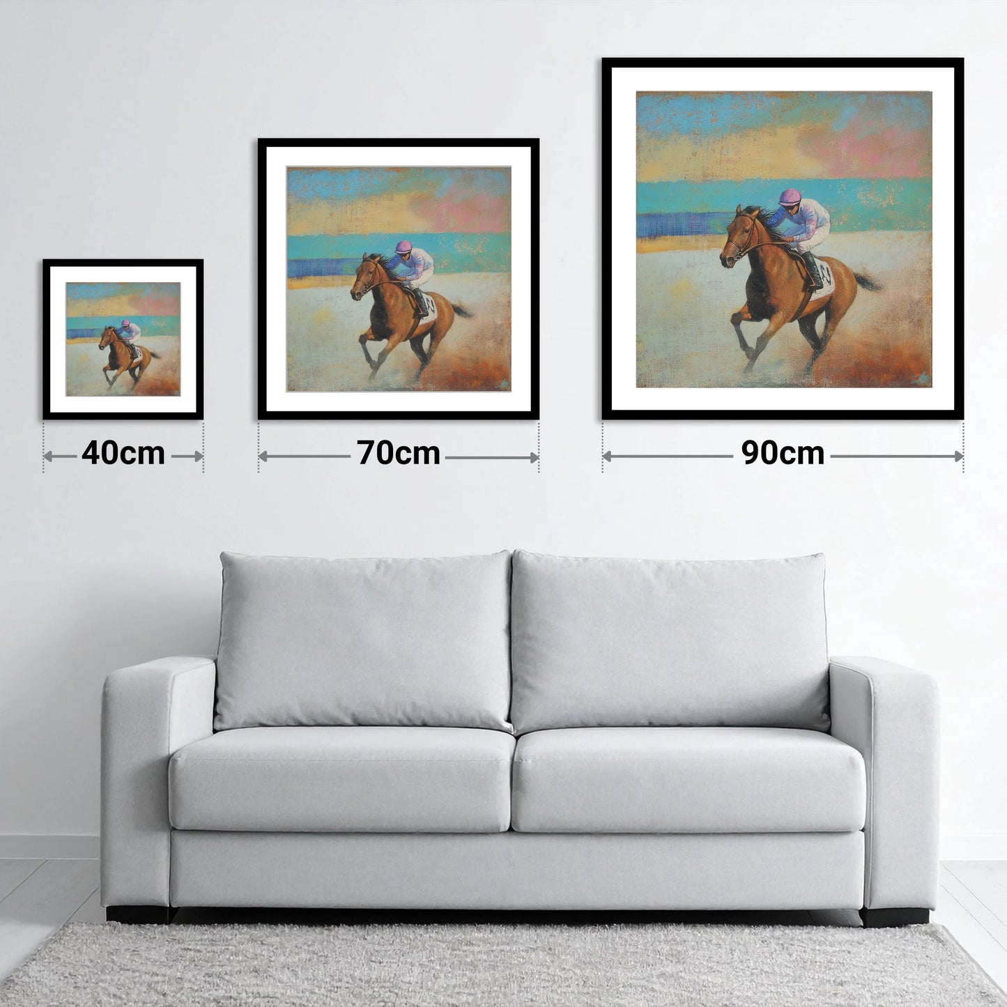 Thundering Towards Home - size guide showing 40cm, 70cm and 90cm art prints