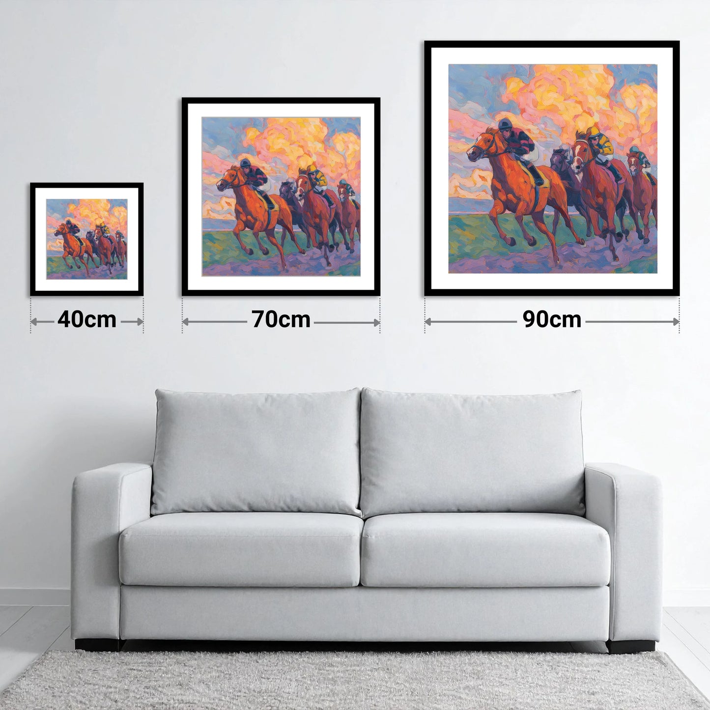 Thundering Sunset - size guide showing 40cm, 70cm and 90cm art prints