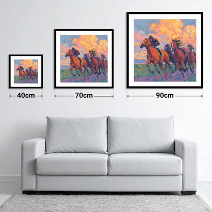 Thundering Sunset - size guide showing 40cm, 70cm and 90cm art prints