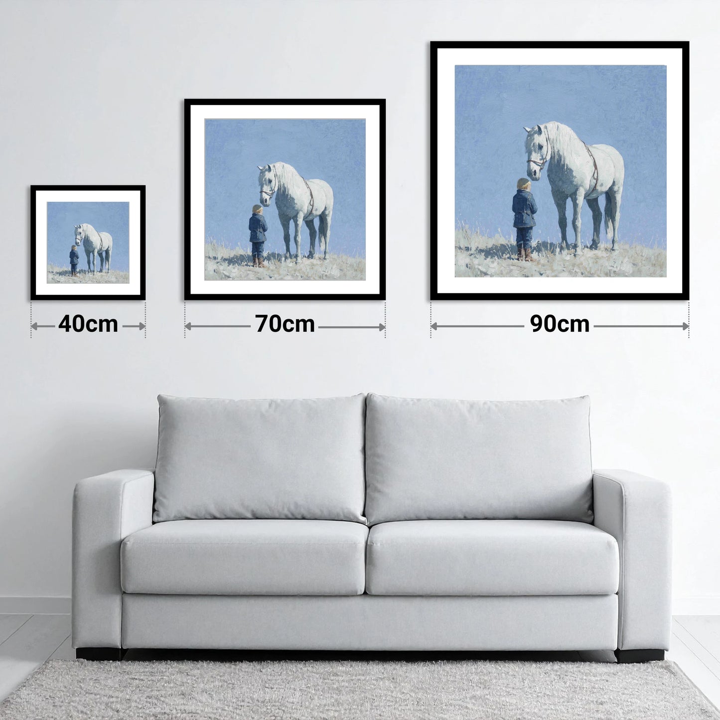 A Quiet Trust - size guide showing 40cm, 70cm and 90cm art prints