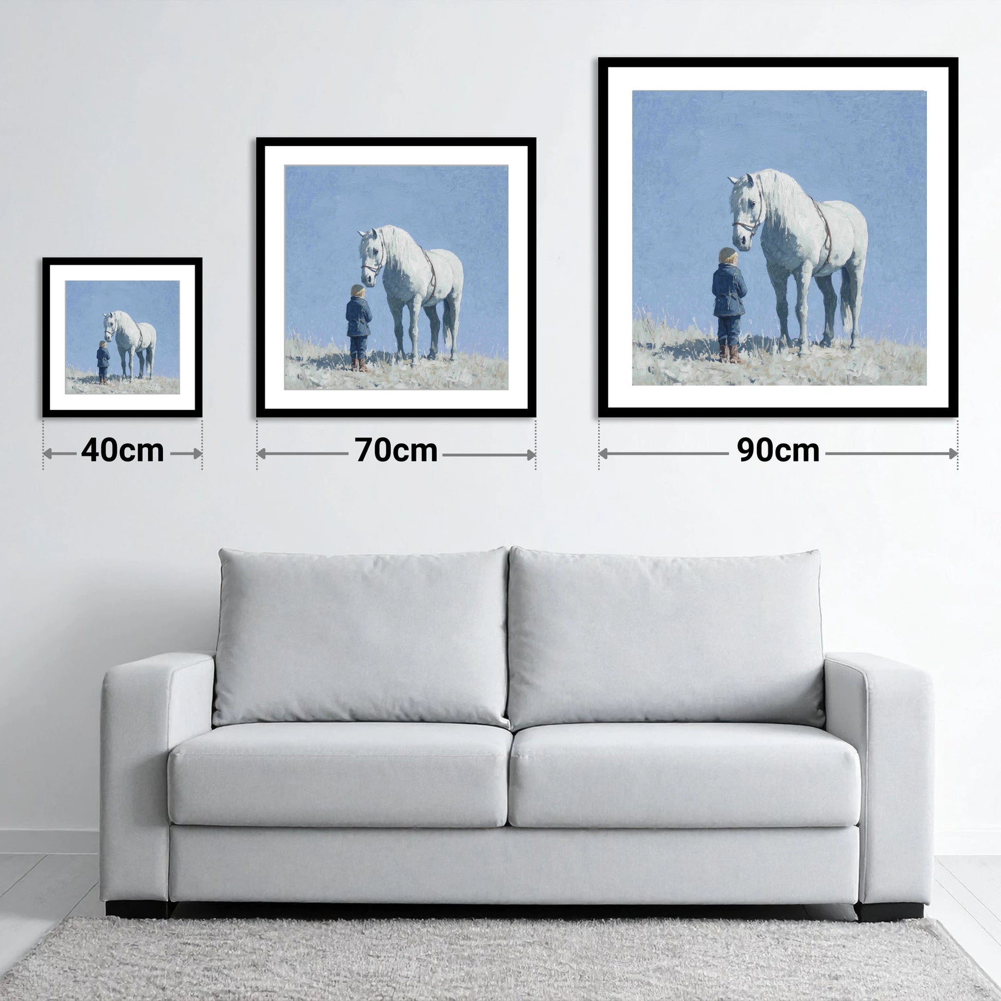 A Quiet Trust - size guide showing 40cm, 70cm and 90cm art prints