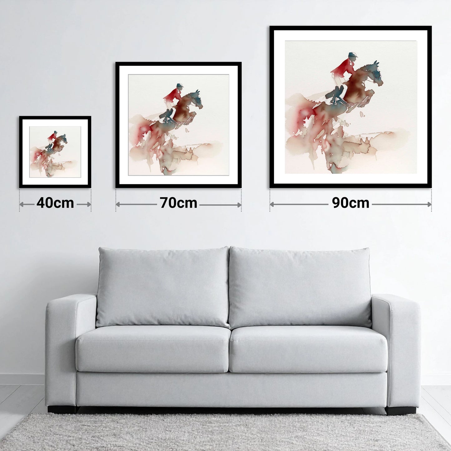Crimson Flight - size guide showing 40cm, 70cm and 90cm art prints