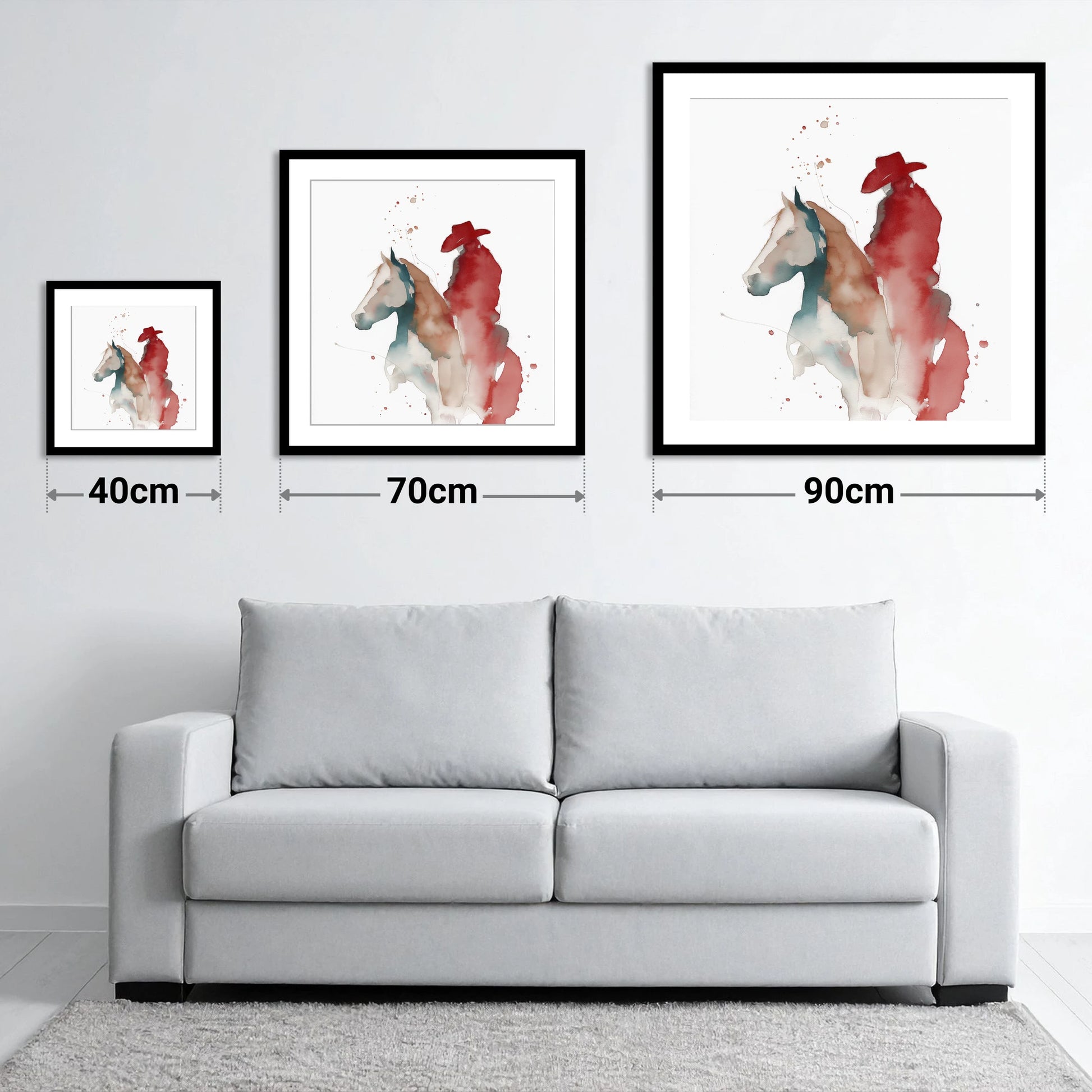 Crimson Western Spirit - size guide showing 40cm, 70cm and 90cm art prints