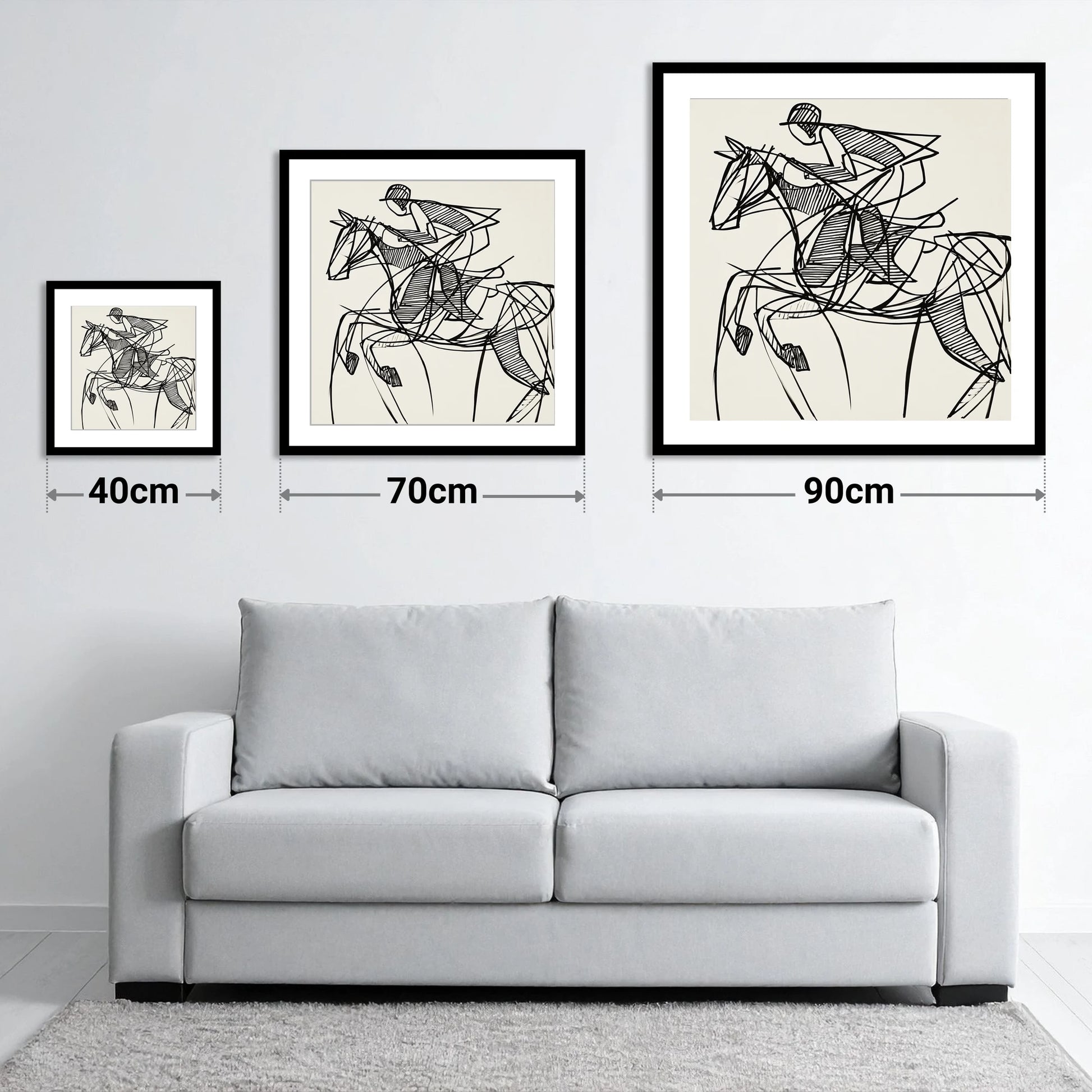 Dynamic Line Jumper - size guide showing 40cm, 70cm and 90cm art prints