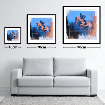 Suspended Over Cobalt - size guide showing 40cm, 70cm and 90cm art prints