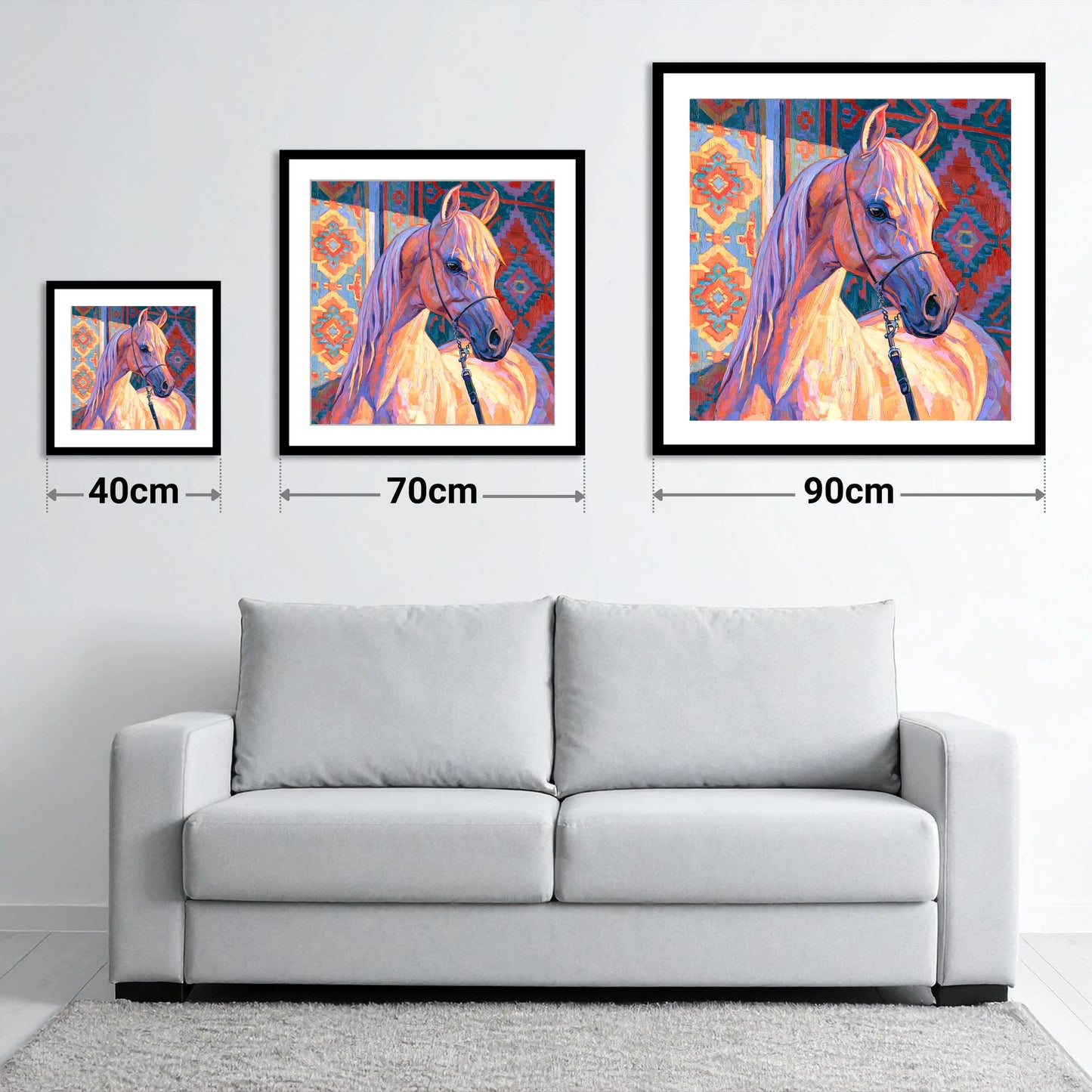 Colourful Arabian Horse Portrait - size guide showing 40cm, 70cm and 90cm art prints
