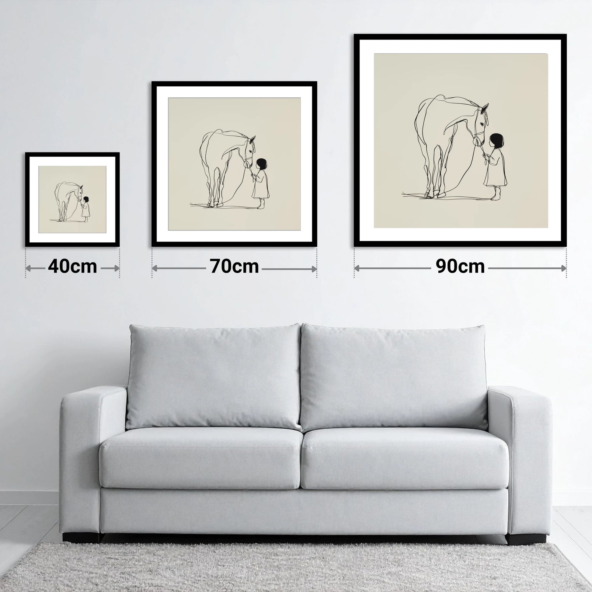 Quiet Trust - size guide showing 40cm, 70cm and 90cm art prints
