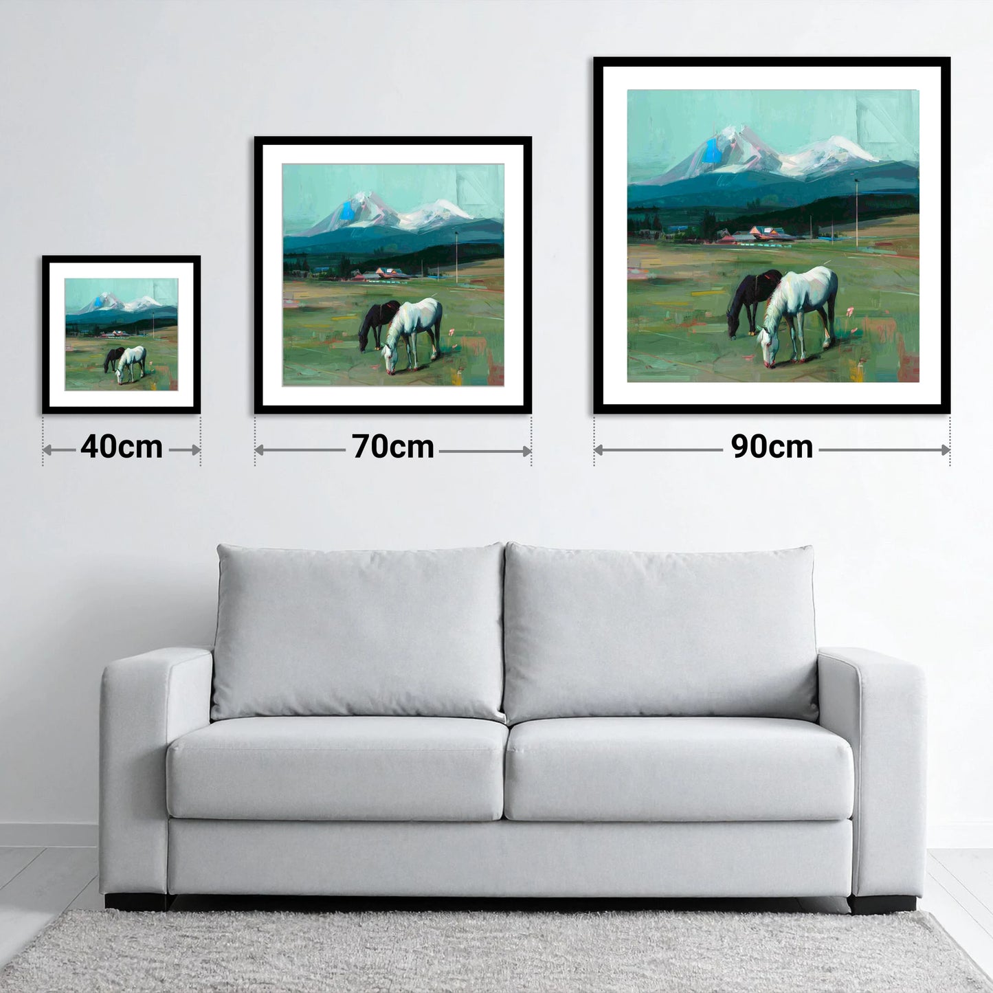 Companions Beneath the Peak - size guide showing 40cm, 70cm and 90cm art prints