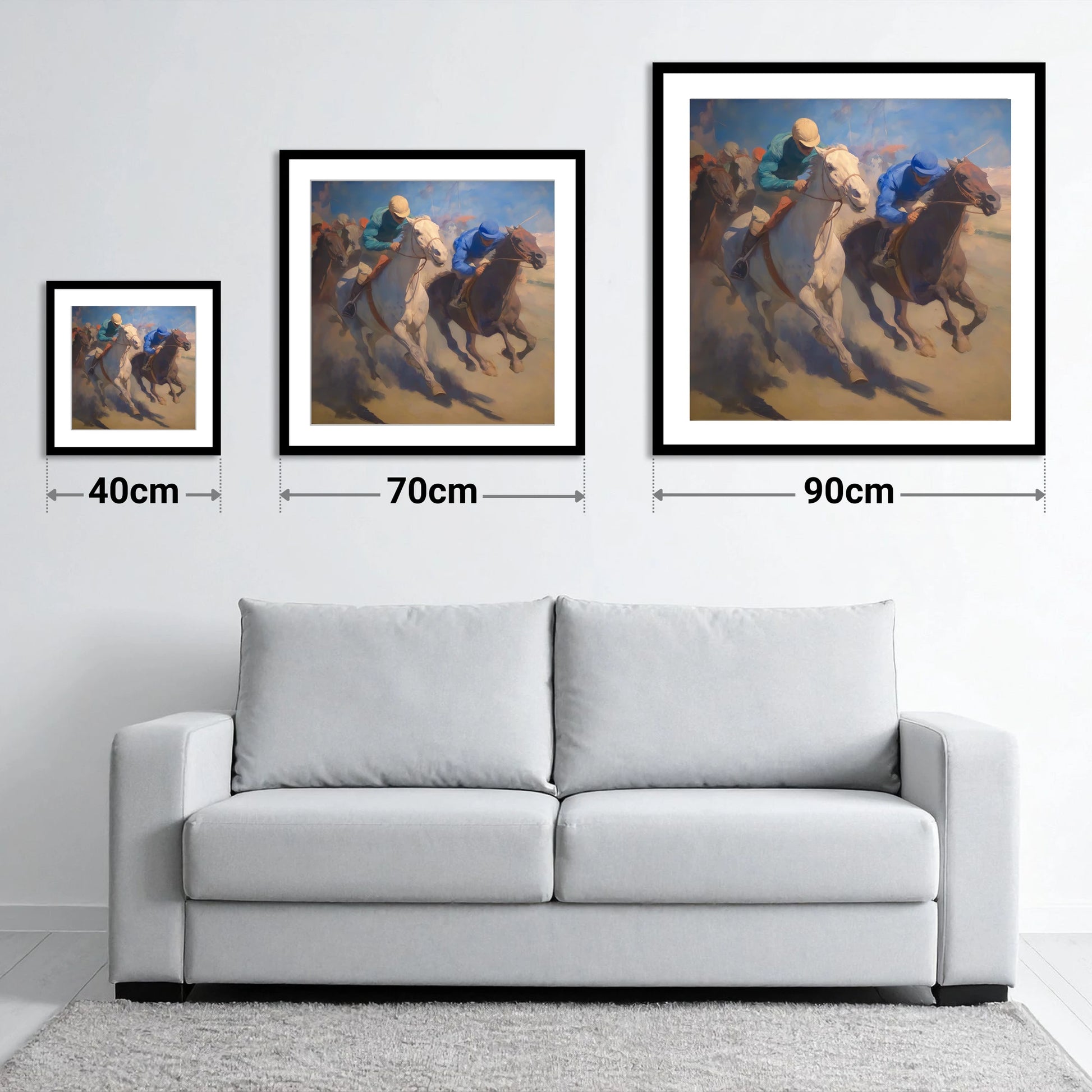 The Final Furlong - size guide showing 40cm, 70cm and 90cm art prints