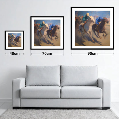 The Final Furlong - size guide showing 40cm, 70cm and 90cm art prints