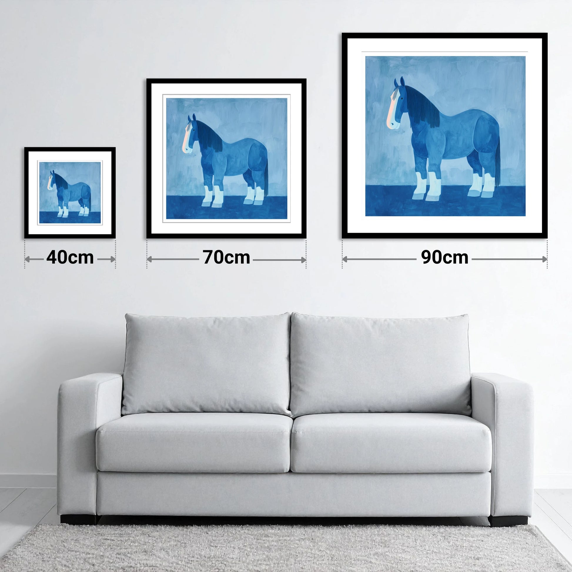 The Blue Heavy Horse - size guide showing 40cm, 70cm and 90cm art prints