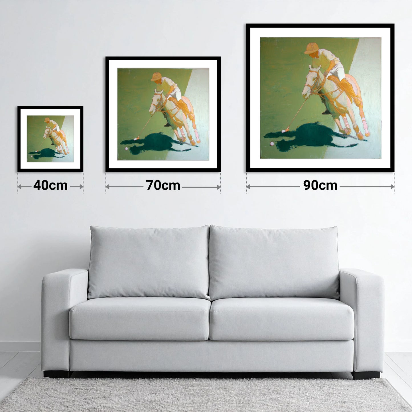The Decisive Strike - size guide showing 40cm, 70cm and 90cm art prints