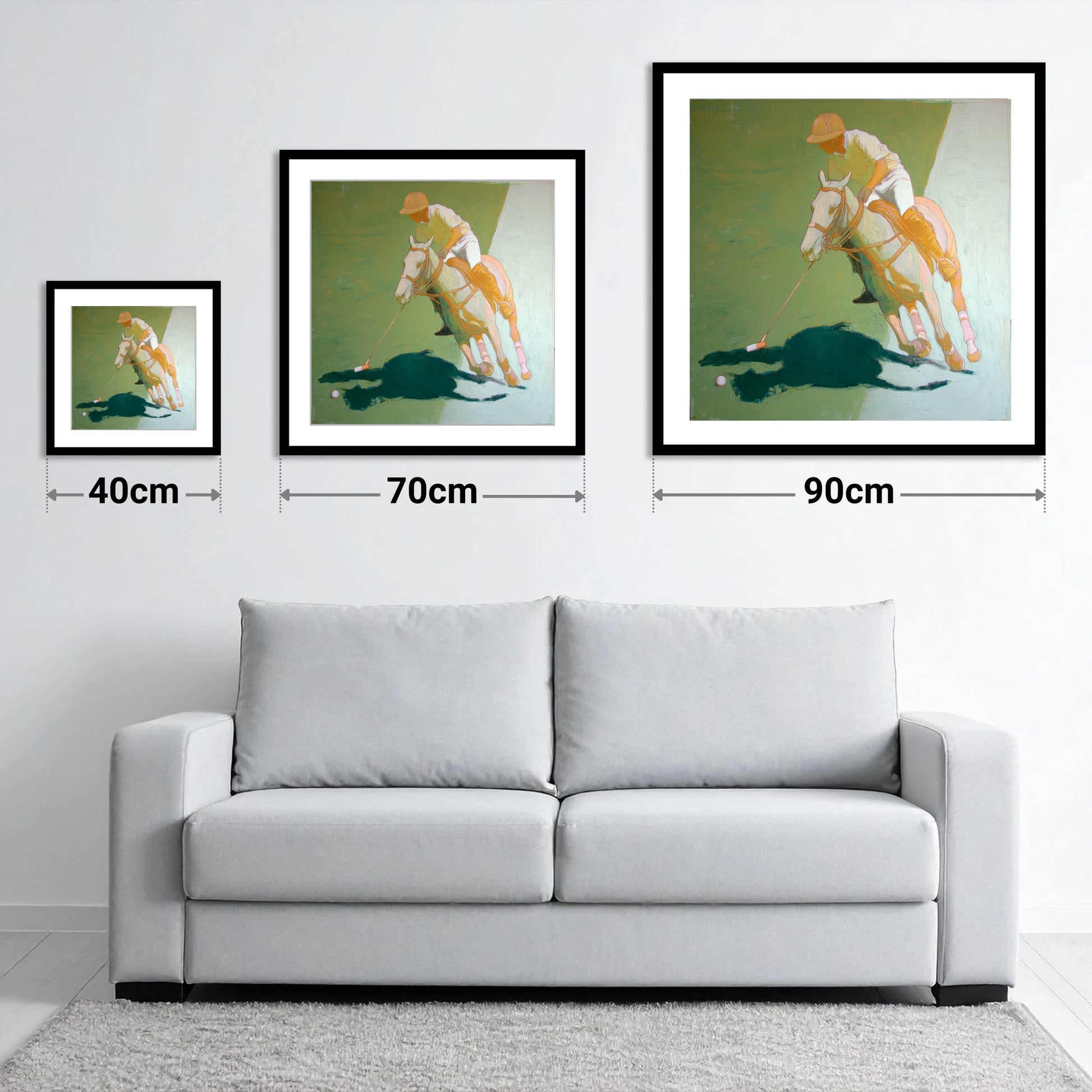 The Decisive Strike - size guide showing 40cm, 70cm and 90cm art prints