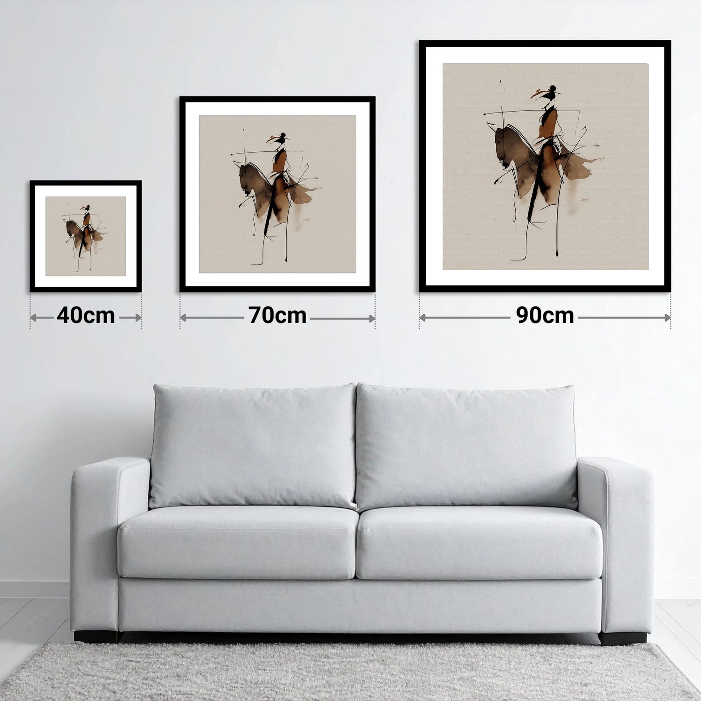 Abstract Sepia Rider - size guide showing 40cm, 70cm and 90cm art prints