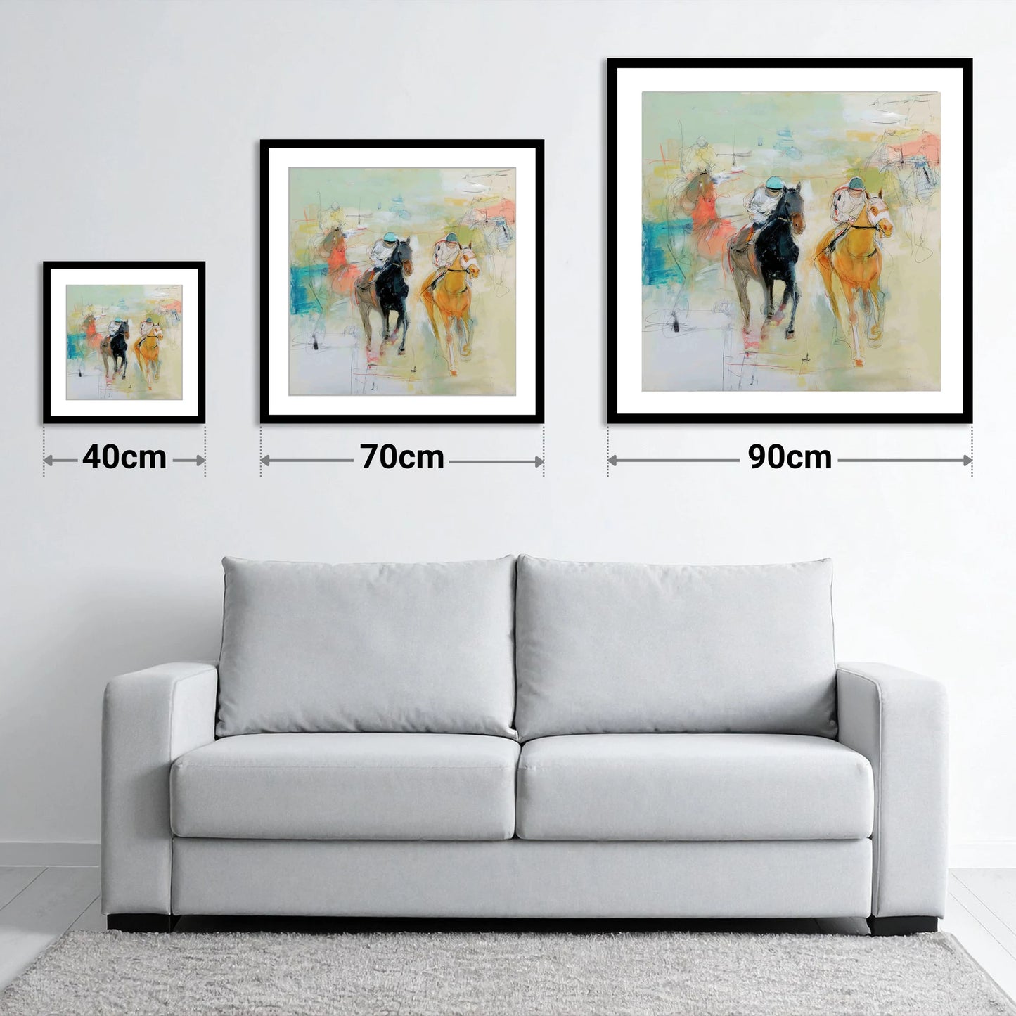 Thundering Strides - size guide showing 40cm, 70cm and 90cm art prints